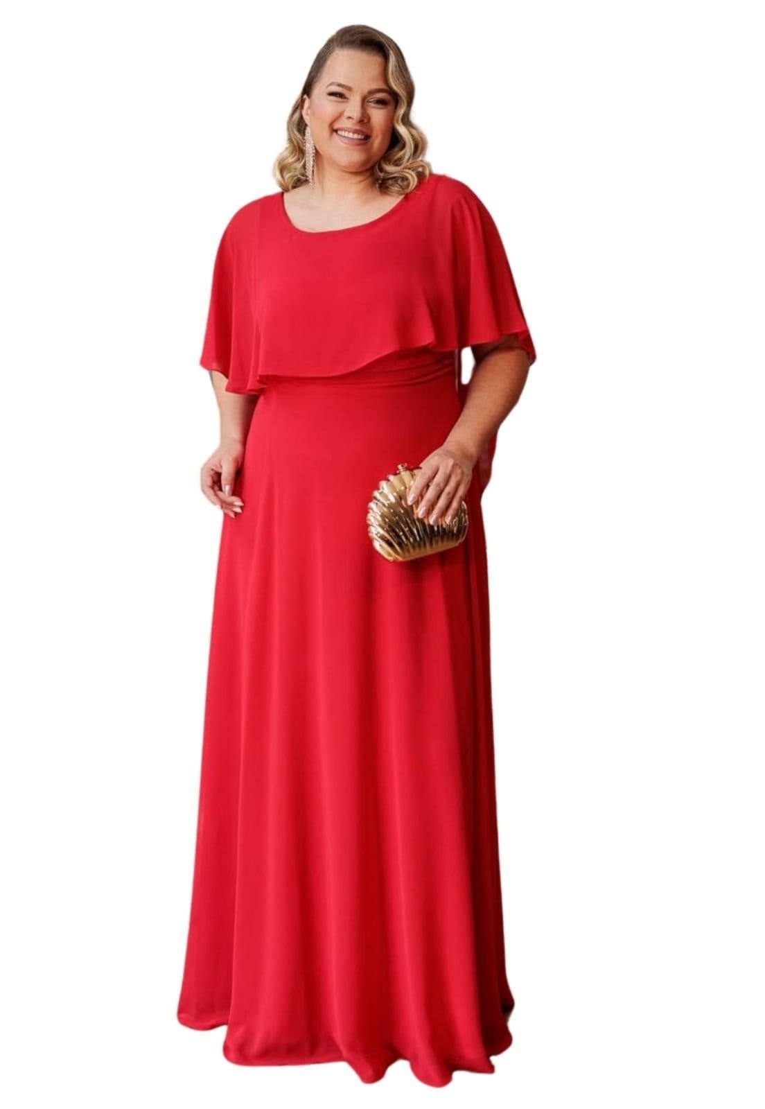 Vista principal Vestido Longo de Festa Madrinhas Plus Size Curvy Clássico Gola Rendonda Crepe Elegante Junié Cia do Vestido vermelho