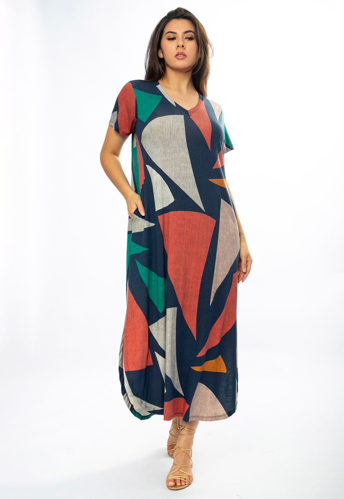Vestido Amazônia Vital Midi Abapã Malha com Bolso Estampa Geometrias do Tempo