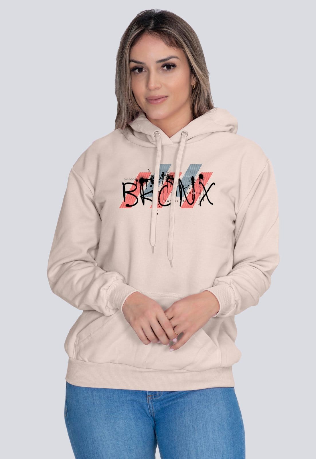 Vista principal Moletom Feminino Flanelado Blusa de Frio Casual Bronx Lucas Lunny bege