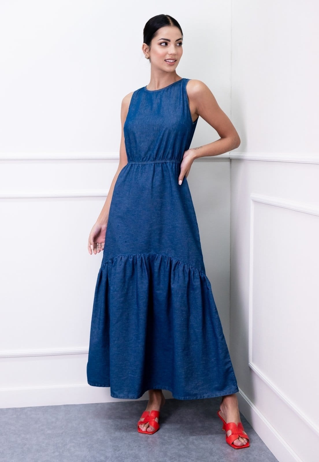 Vestido Longo Sisal Jeans Regata com Babado