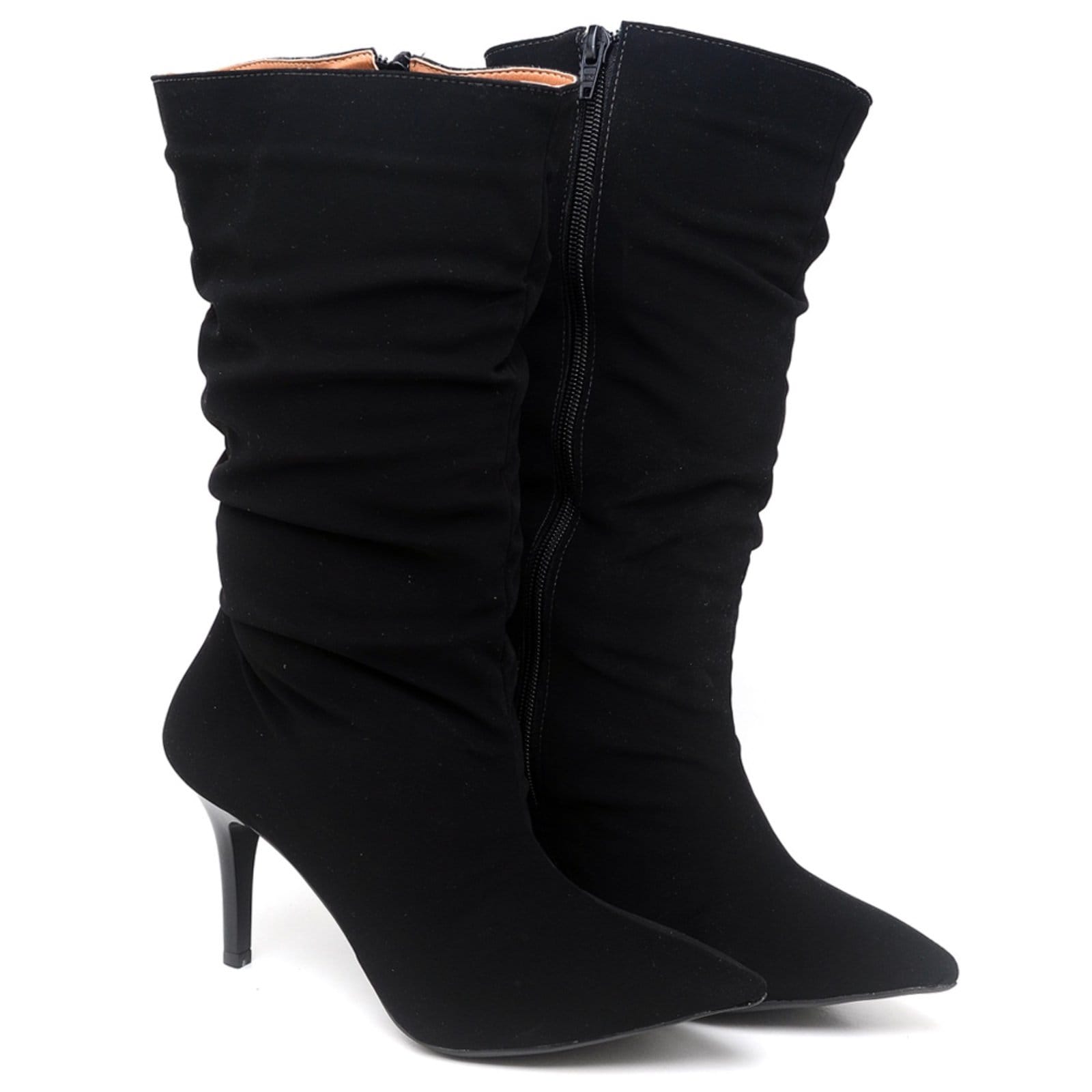 Vista principal Bota Cano Médio Enrugado Salto Fino Médio em Couro ZAFREM preto