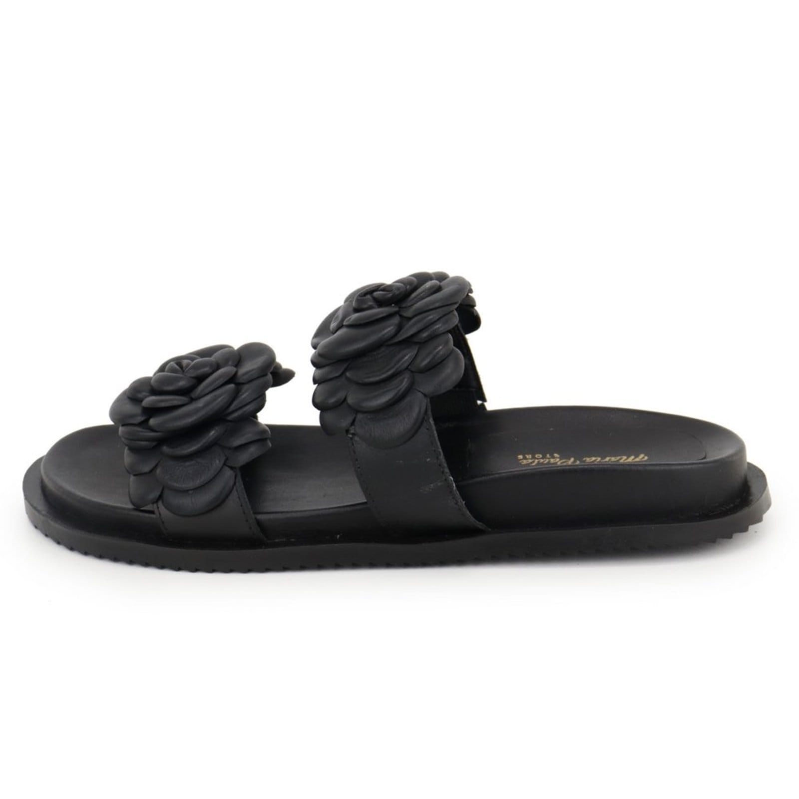 Sandália Papete Flatform Detalhe Flor Feminina Tratorada em Couro Maria Paula Preta