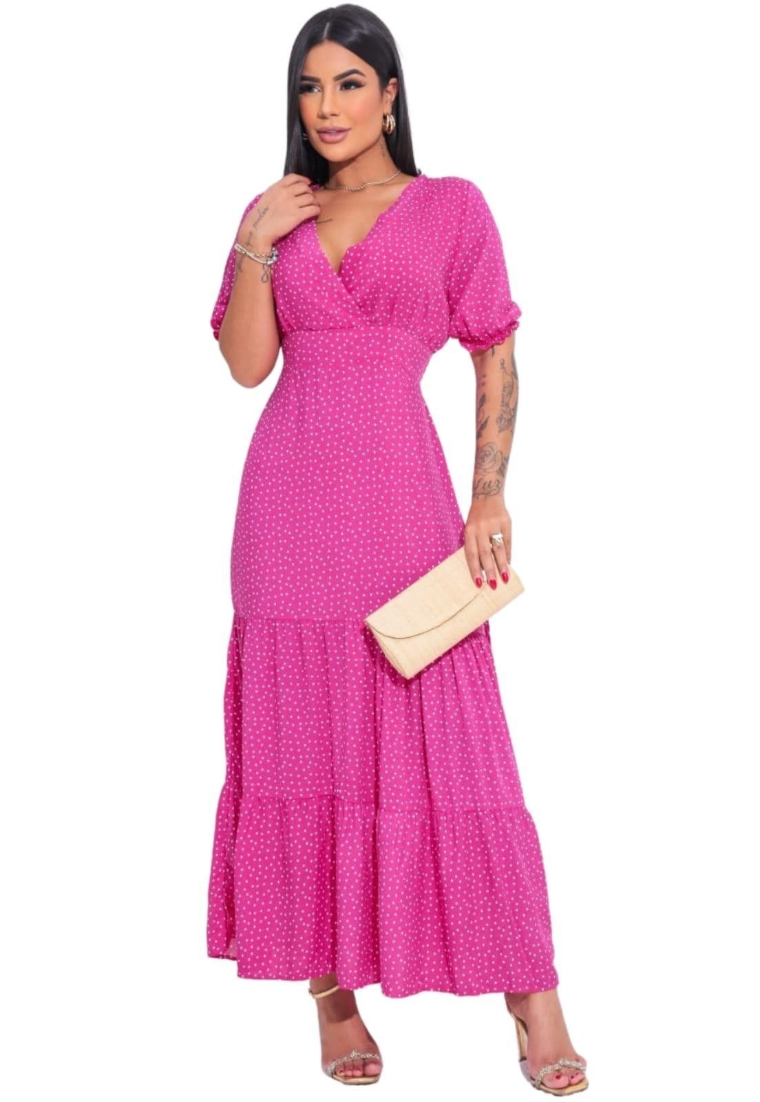 Vista principal Vestido Midi Manguinha Rita Poá Cia do Vestido rosa