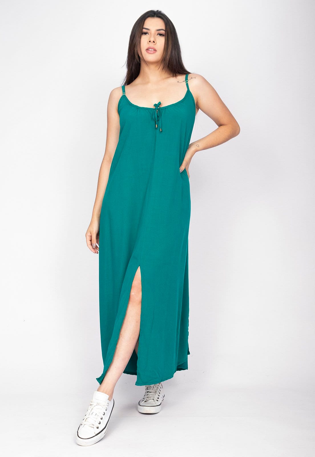 Vista 2 Vestido Longo Cabanafree Caçuá Viscose Alça Fina Verde Cabanafree amarelo/estampado/laranja/verde verde