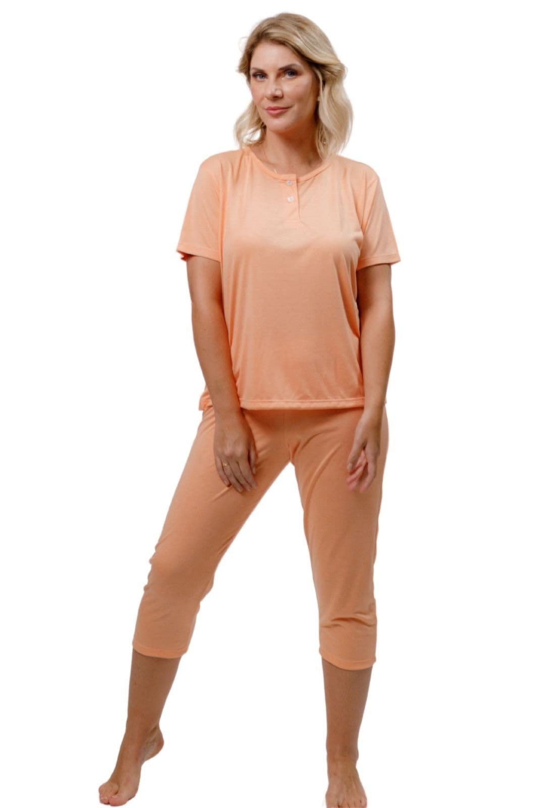 Vista principal Pijama Feminino Adulto Pescador senhora Blusa com Peitilho e Calça Capri - Poliviscose Piante laranja