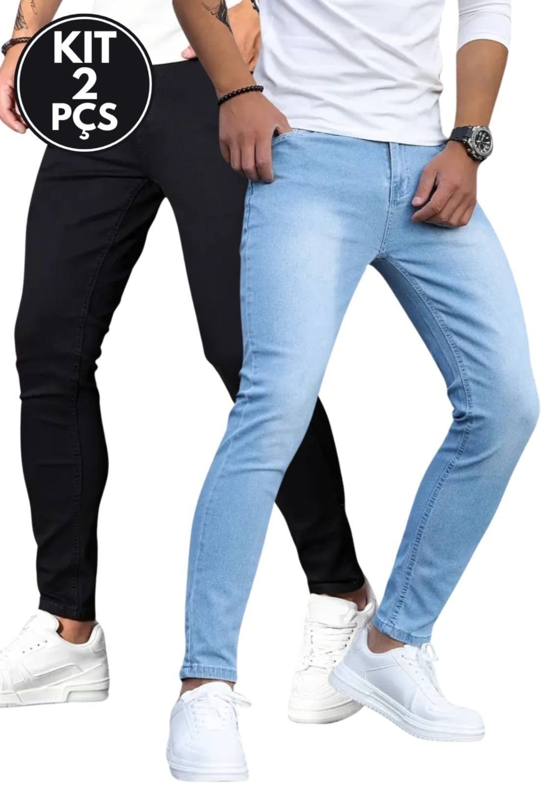 Kit 2 Calças Jeans Masculinas Elegantes Skinny Preta e Delavê Tecido Premium
