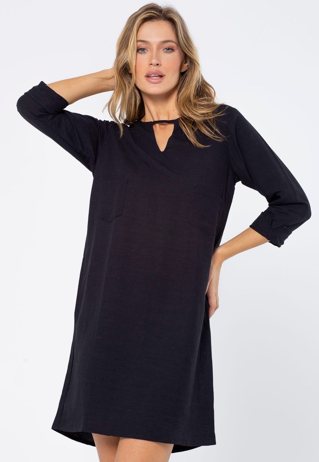 Vista 2 Vestido Chemise Amazonia Vital Curto Viscose Manga 3/4 Dobrada Amazonia Vital preto