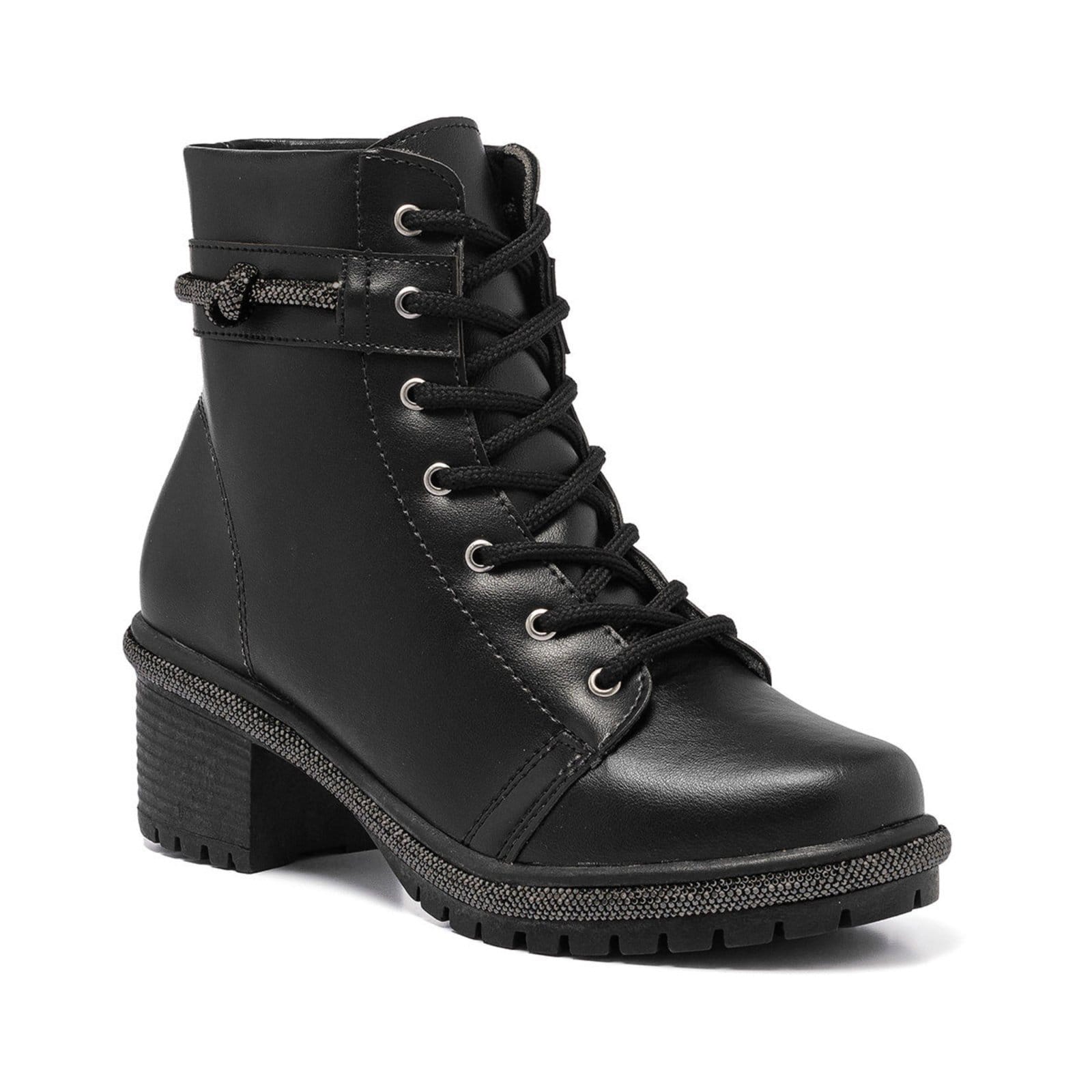 Vista principal Coturno Feminino Stessy Shoes Bota Cano Curto Strass Tratorada Saltinho Stessy Shoes preto