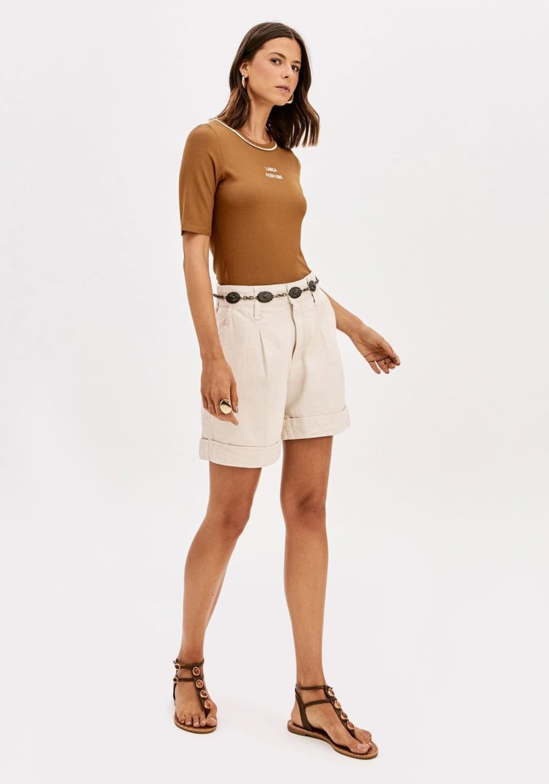 Vista principal Short Sarja Com Linho Cintura Super Alta Lança Perfume branco