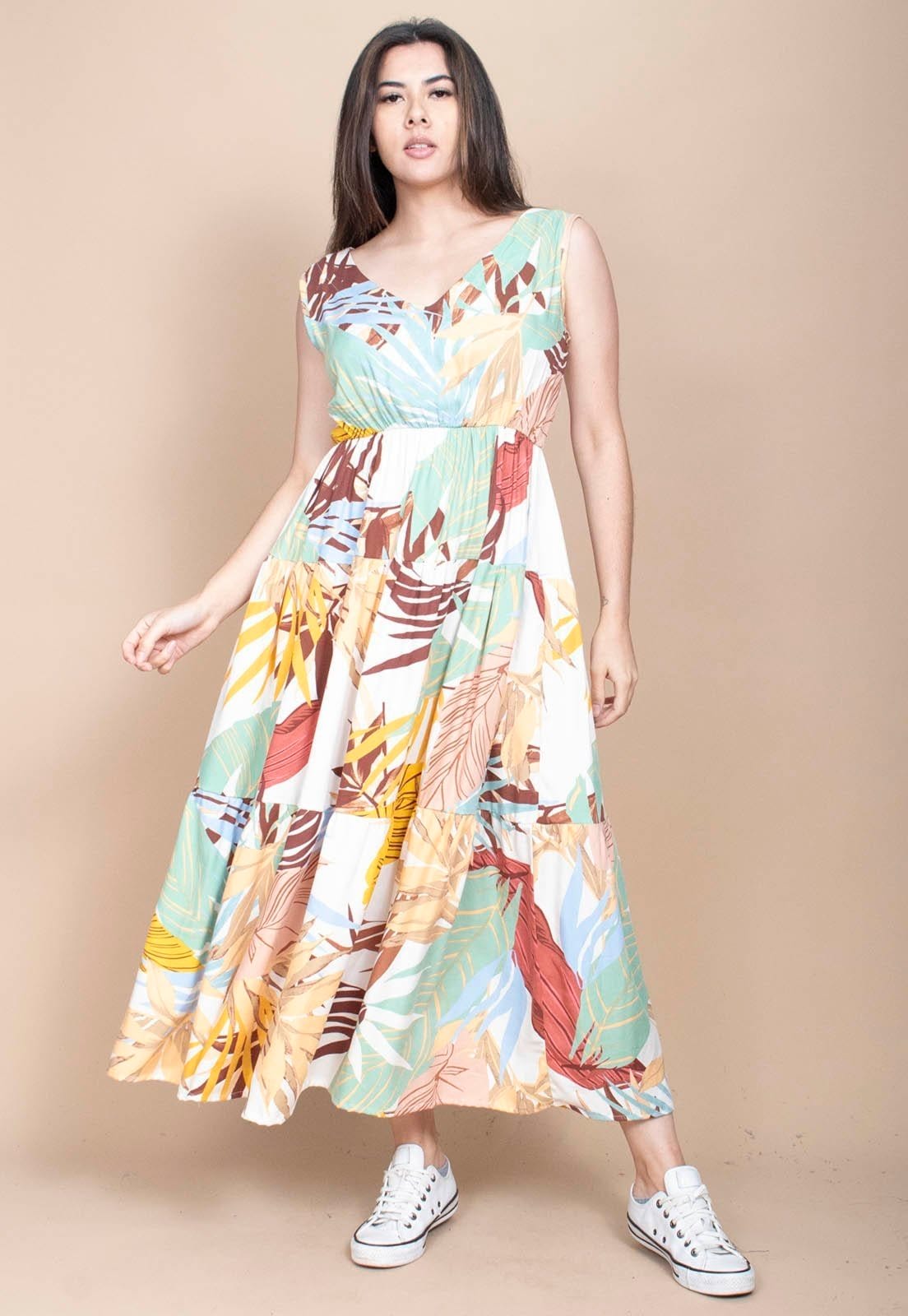 Vestido Cabanafree Regata Longo Peri Viscose Camadas Estampa Aurora Suave