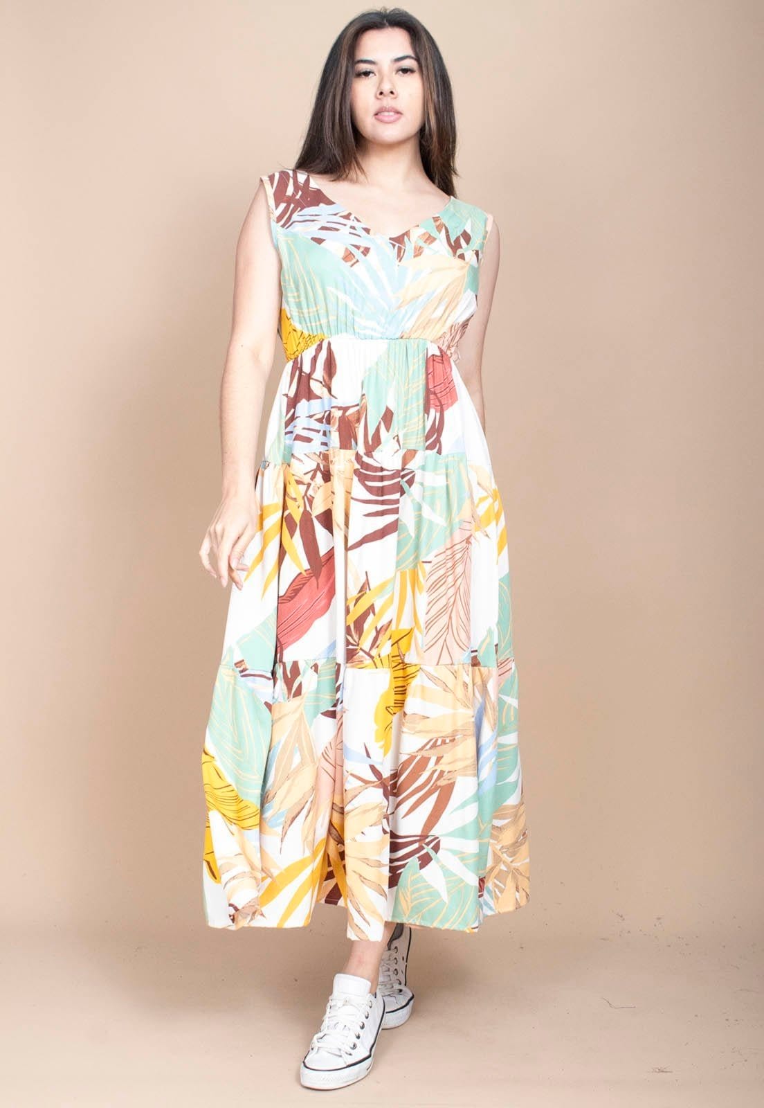 Vista 2 Vestido Cabanafree Regata Longo Peri Viscose Camadas Estampa Aurora Suave Cabanafree amarelo/azul/estampado/verde