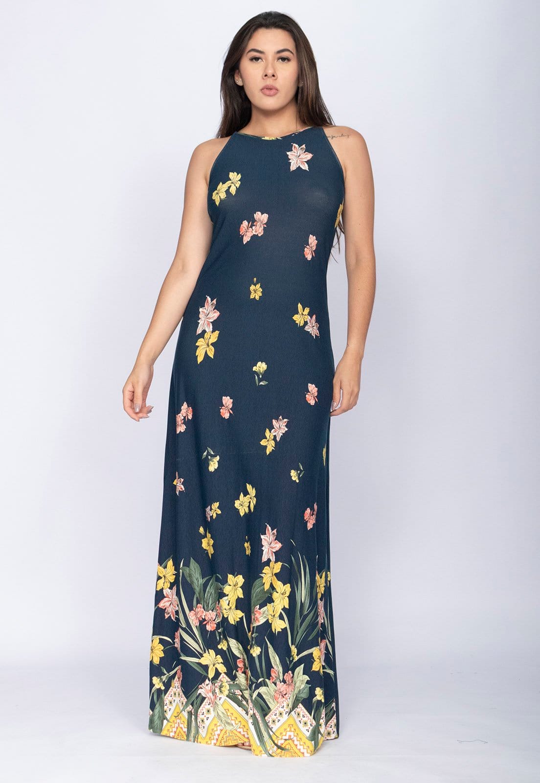 Vista principal Vestido CabanaFree Longo Malha Trapézio Floresce Cabanafree azul/estampado azul