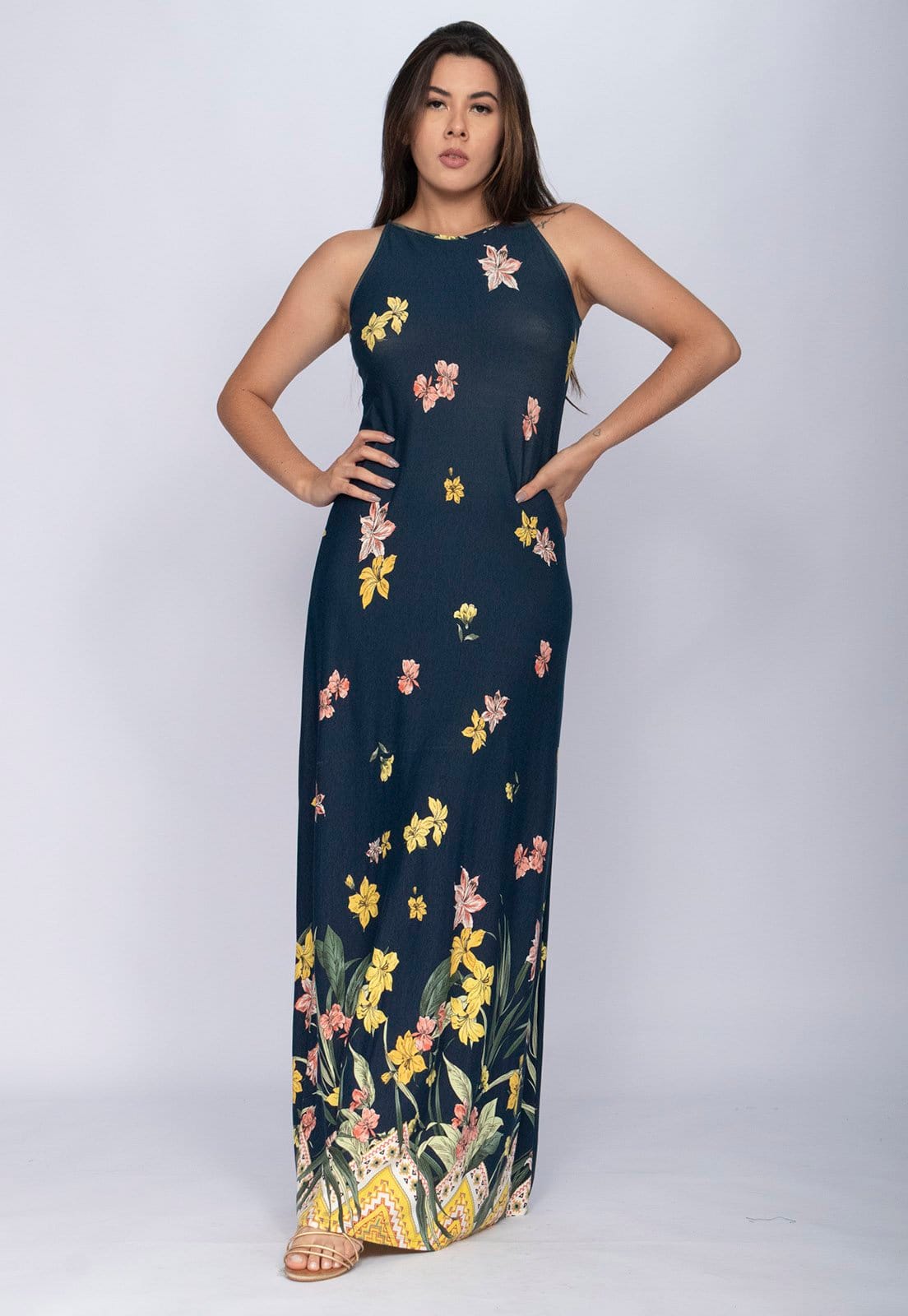 Vista 2 Vestido CabanaFree Longo Malha Trapézio Floresce Cabanafree azul/estampado azul