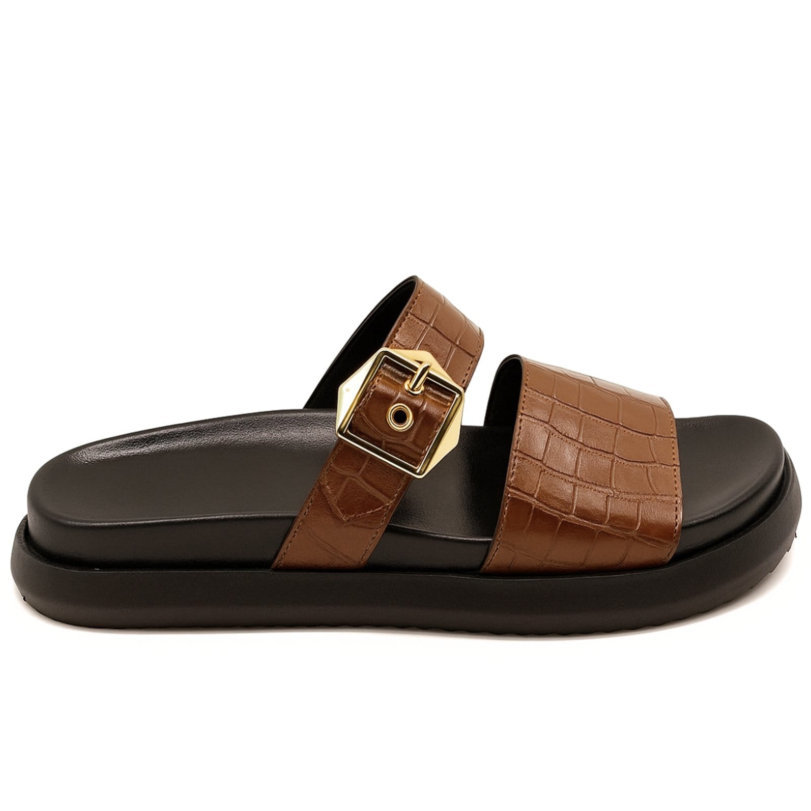 Vista 2 Sandália Papete Feminina Flat Duas Fivelas Confortável Croco Cacau 006 Sete Sales marrom