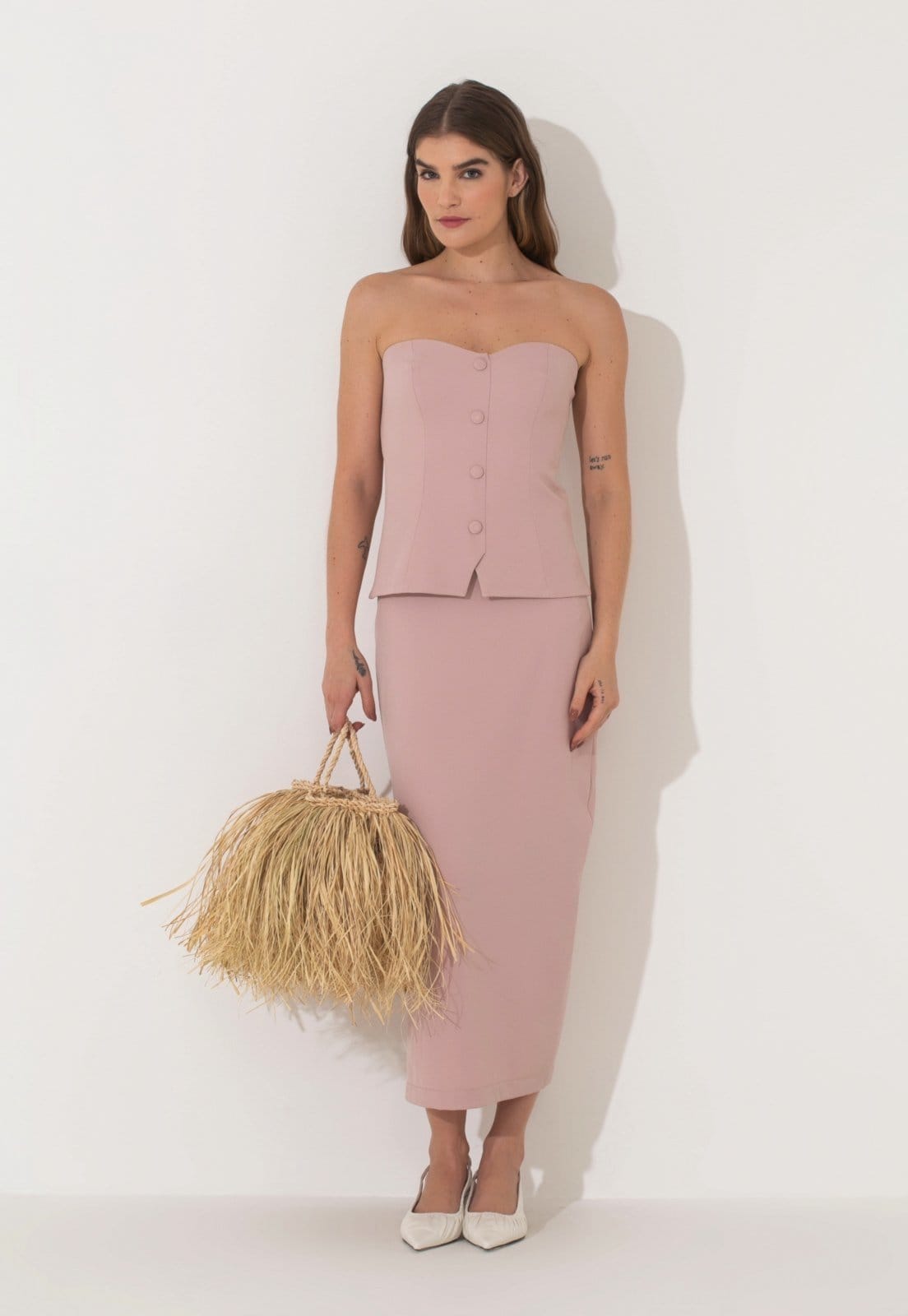 Vista principal Saia Alfaiataria Traymon Com Fenda Rose Vintage Traymon rosê rose