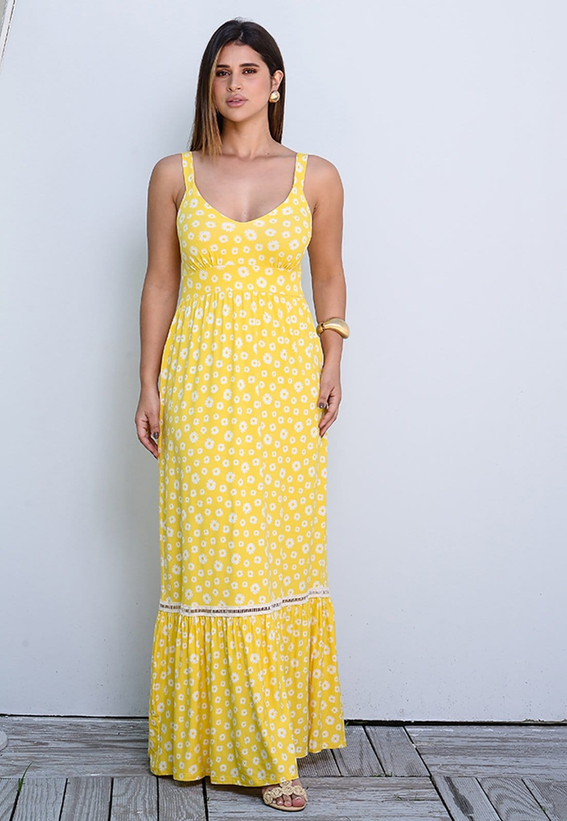 Vestido Longo Alça Barra Guipir com Bojo BBonnie Sarah Amarelo