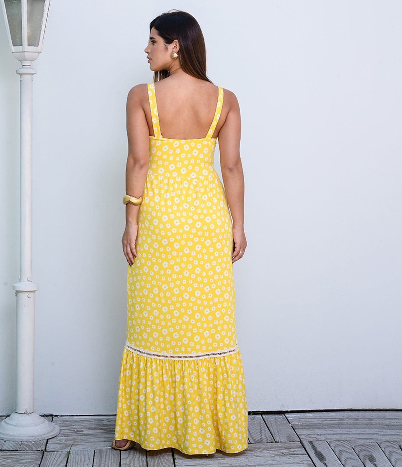Vista 2 Vestido Longo Alça Barra Guipir com Bojo BBonnie Sarah Amarelo BBonnie floral