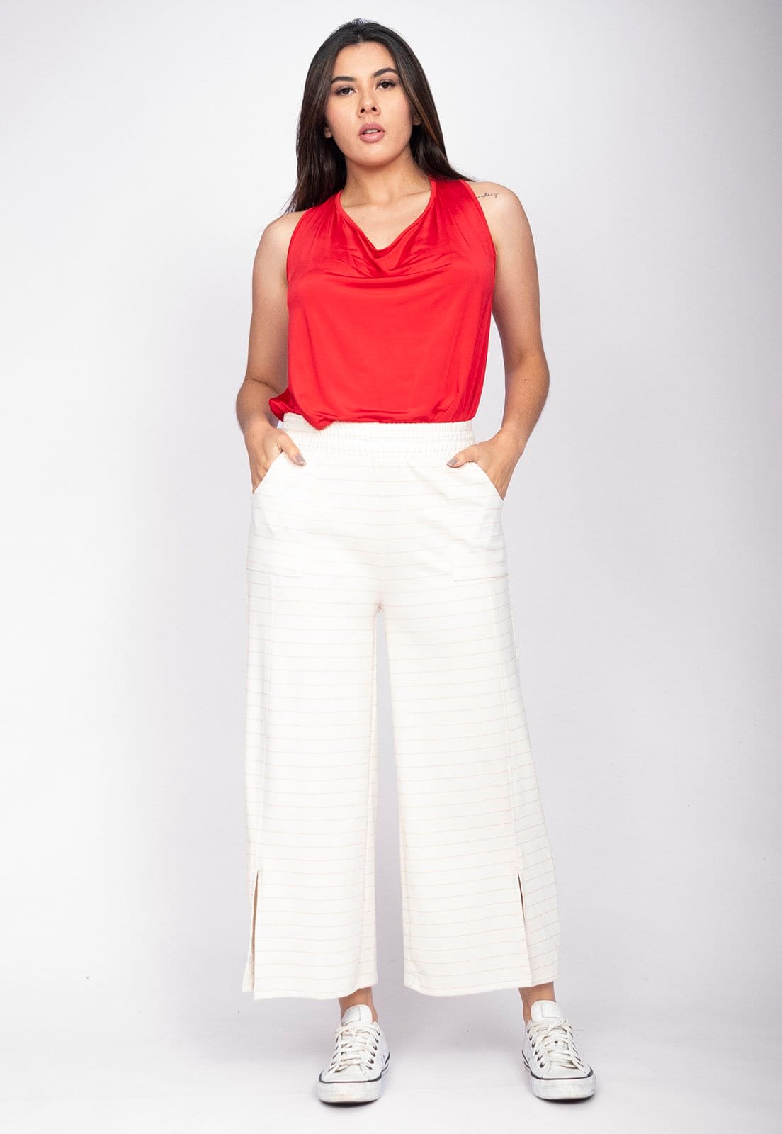 Vista principal Calça Pantacourt Amazônia Vital Malha Encorpada Risca de Giz Off White Amazonia Vital off-white white