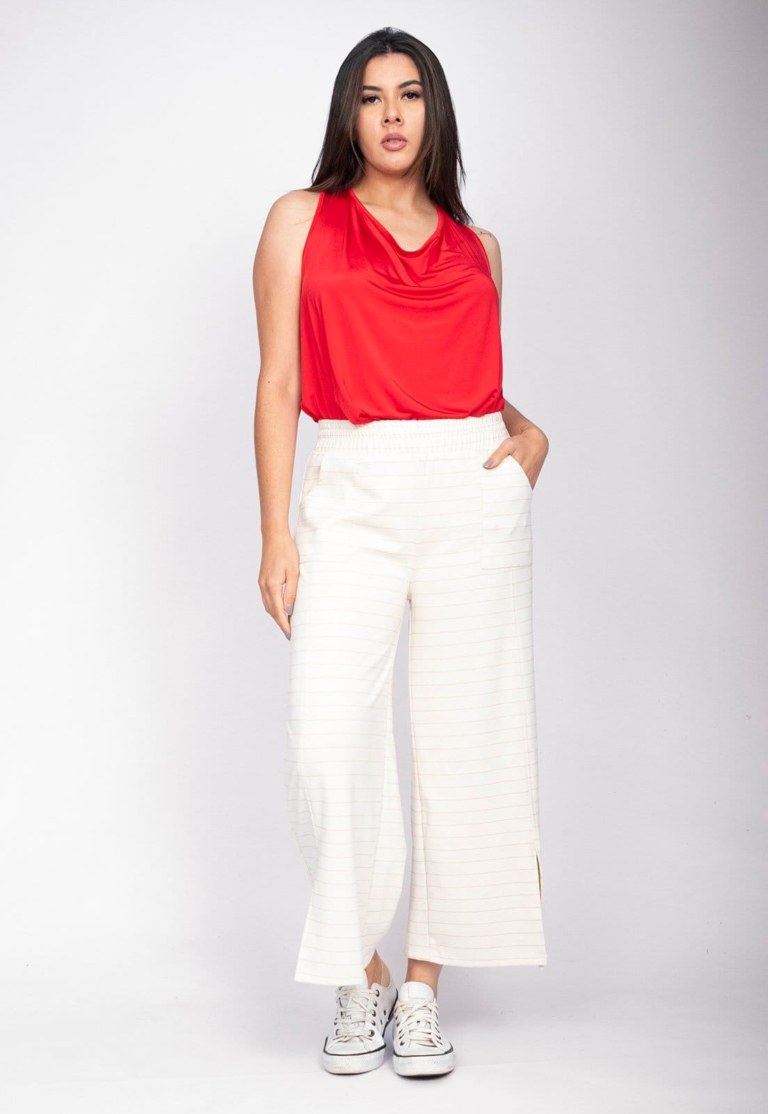 Vista 2 Calça Pantacourt Amazônia Vital Malha Encorpada Risca de Giz Off White Amazonia Vital off-white white