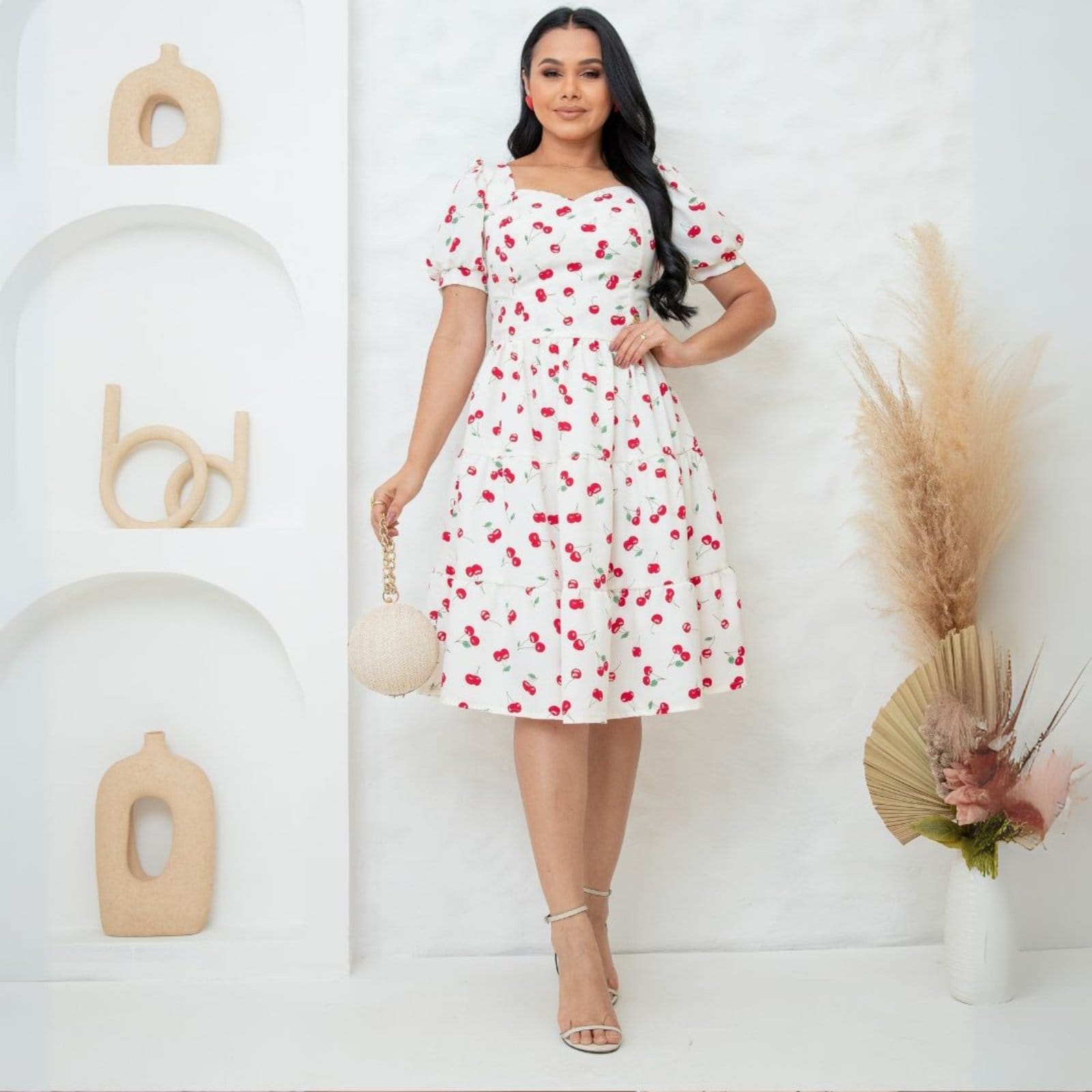 Vestido Midi com Estampa de Cerejas e Manga Bufante Moda Modesta Evangelica - REF: Nubia