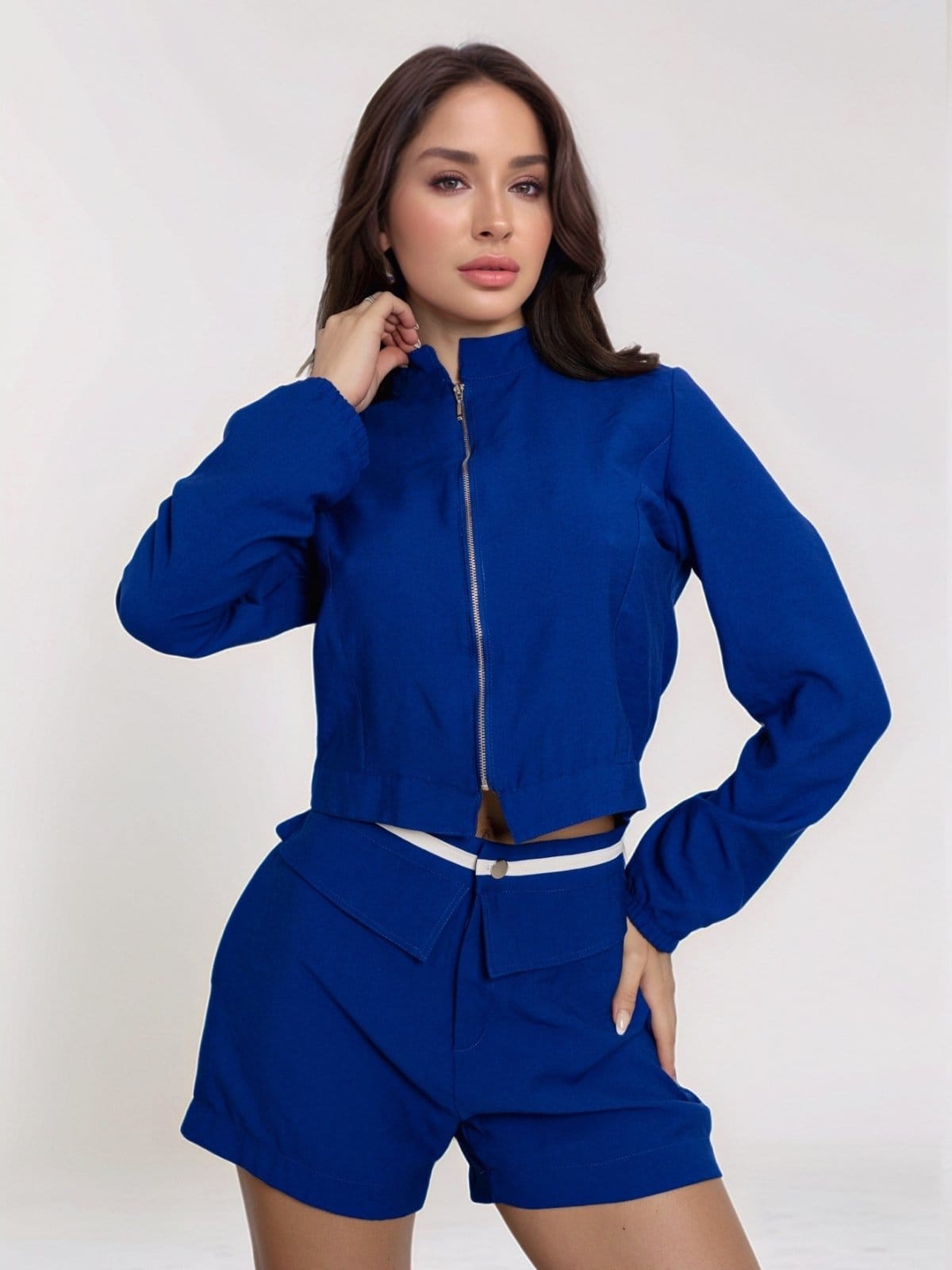 Vista principal Conjunto Feminino Tropical Fashion Jaqueta e Shorts Alfaiataria TROPICAL FASHION azul