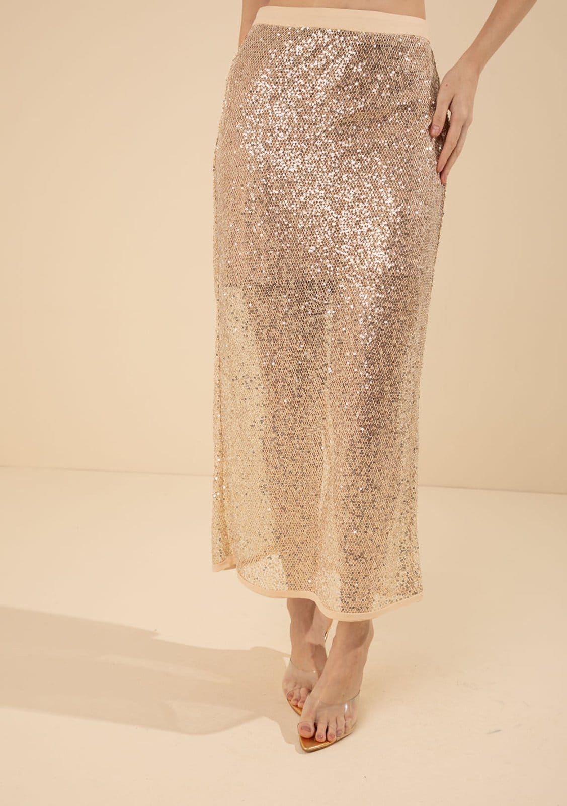 Vista 2 Saia Morena Rosa Reta Alta Midi Bege Morena Rosa bege rosa