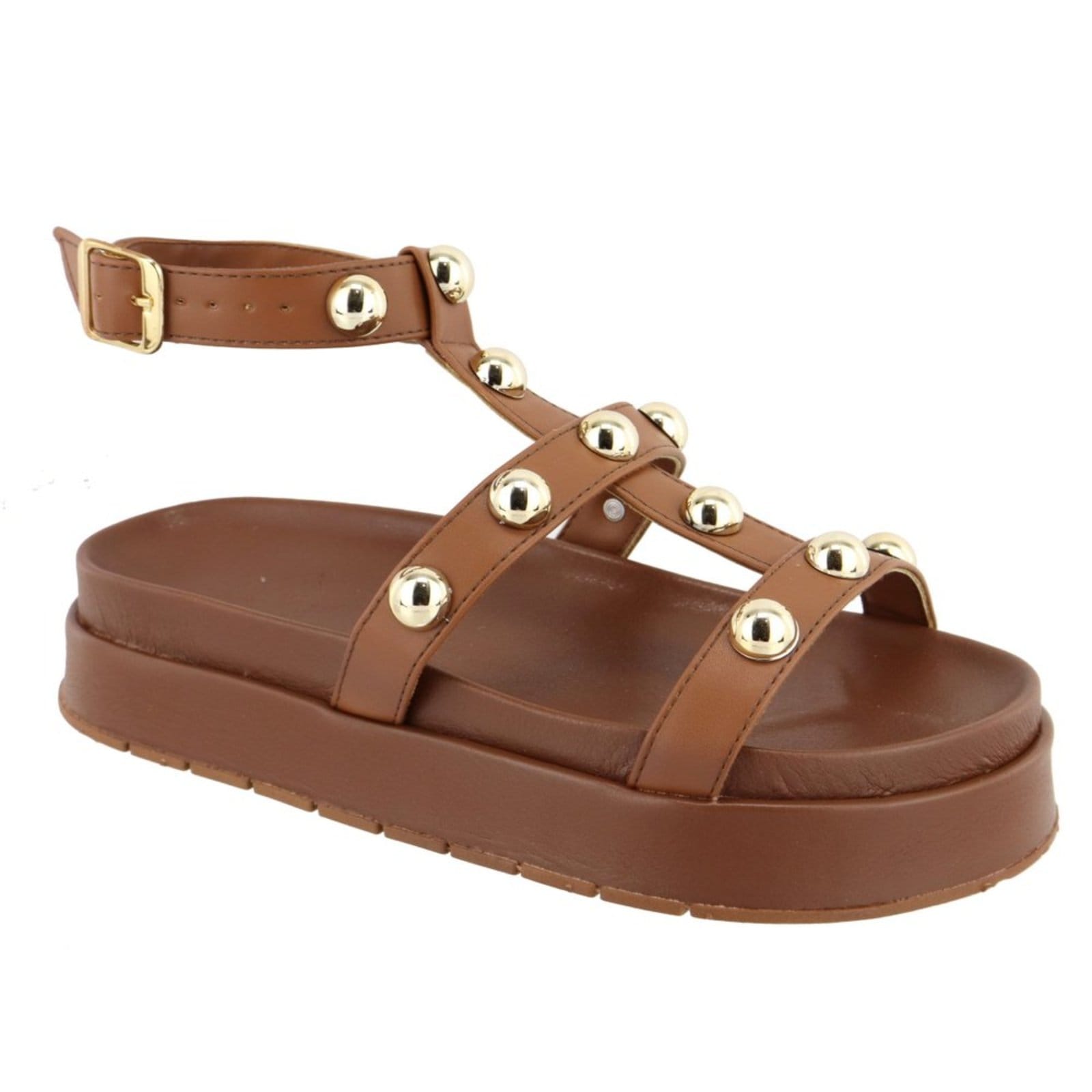 Vista principal Sandalia Papete Rasteira Feminina Bolinhas Sola Alta TELLINI STORE caramelo