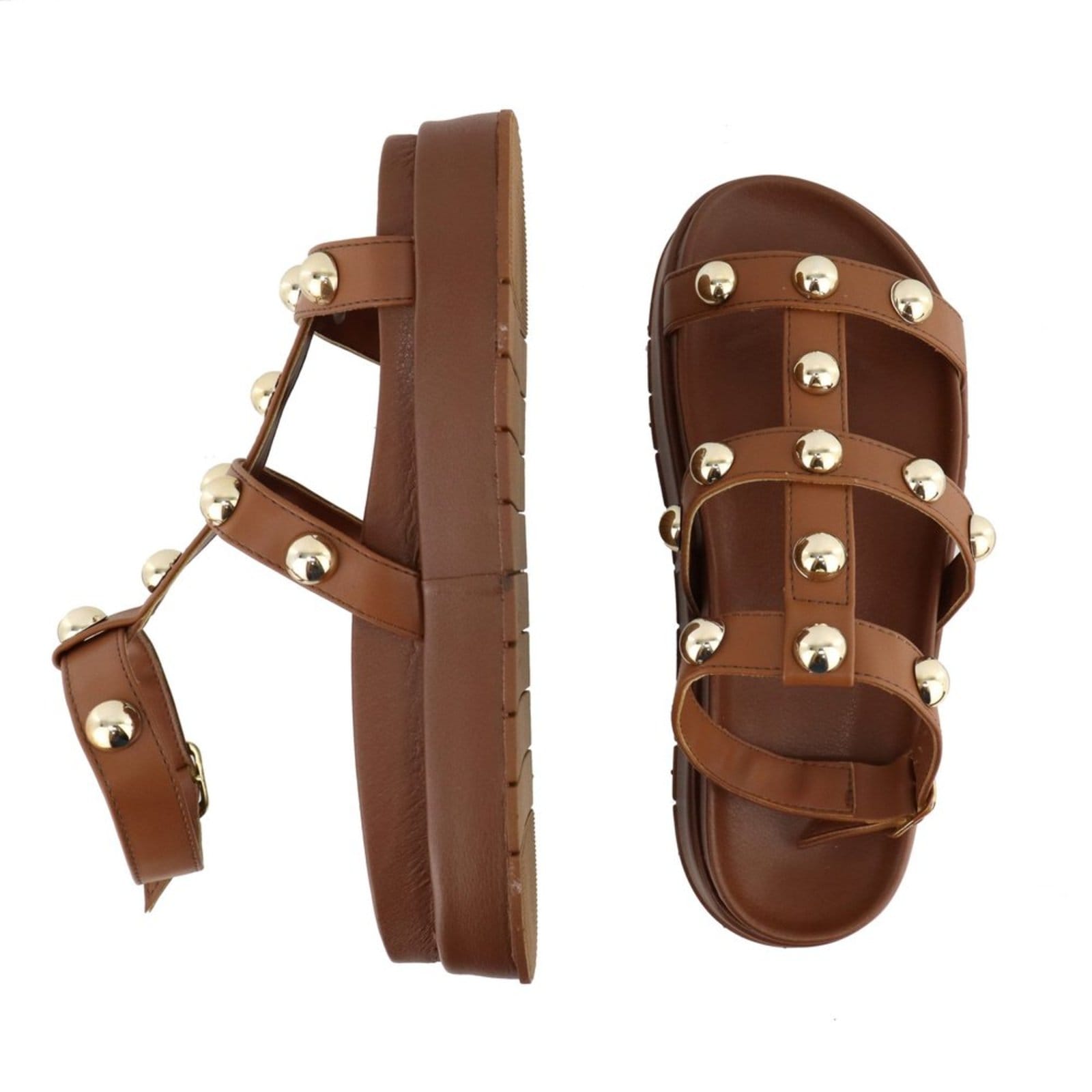 Vista 2 Sandalia Papete Rasteira Feminina Bolinhas Sola Alta TELLINI STORE caramelo