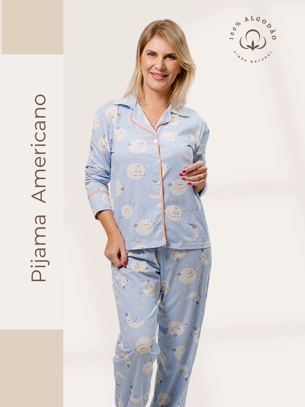Vista principal Pijama Algodão Americano Feminino Longo Fernanda - Lua Piante azul