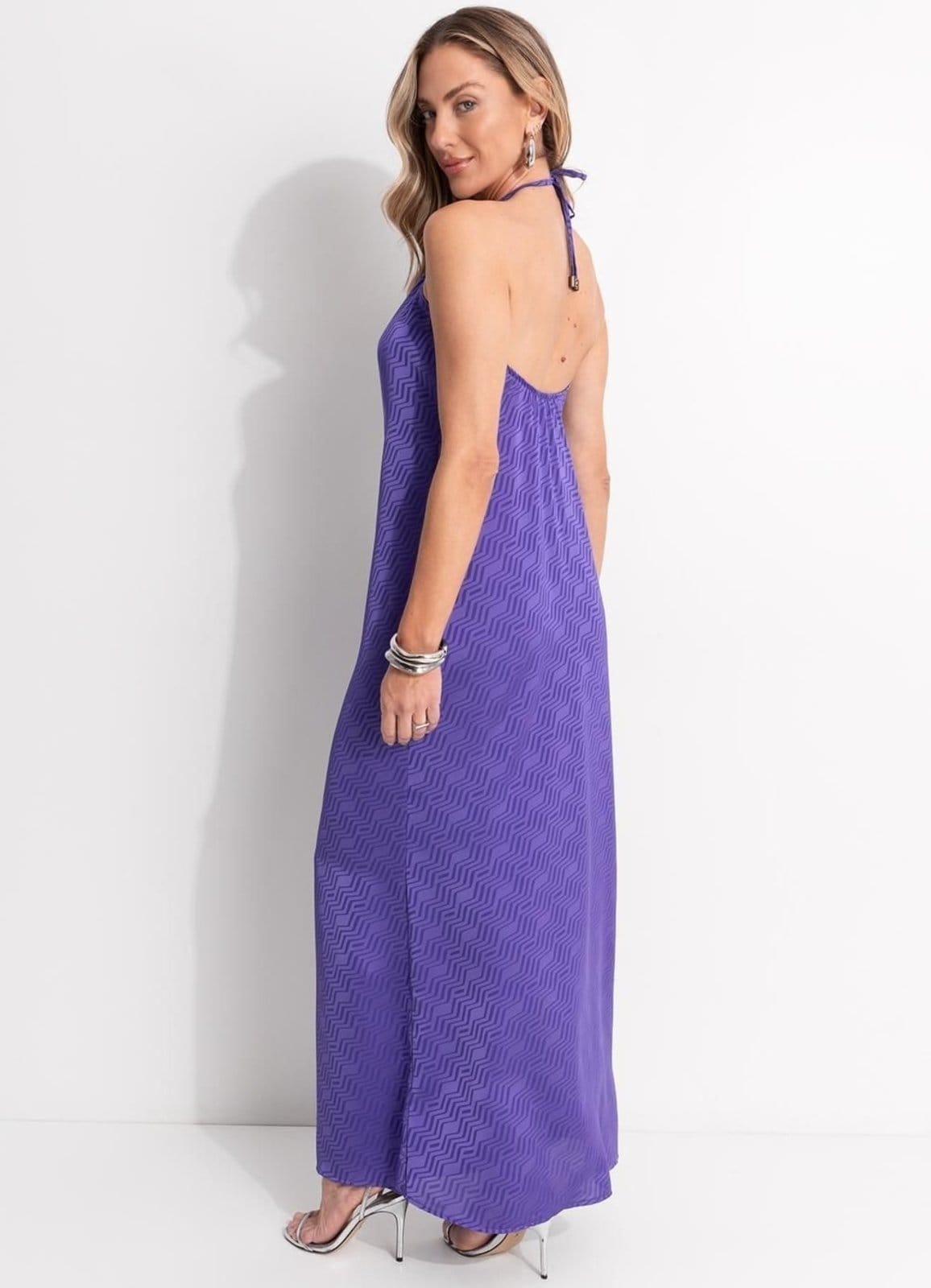Vista 2 Vestido Em Crepe Plano Chevron Quintess roxo