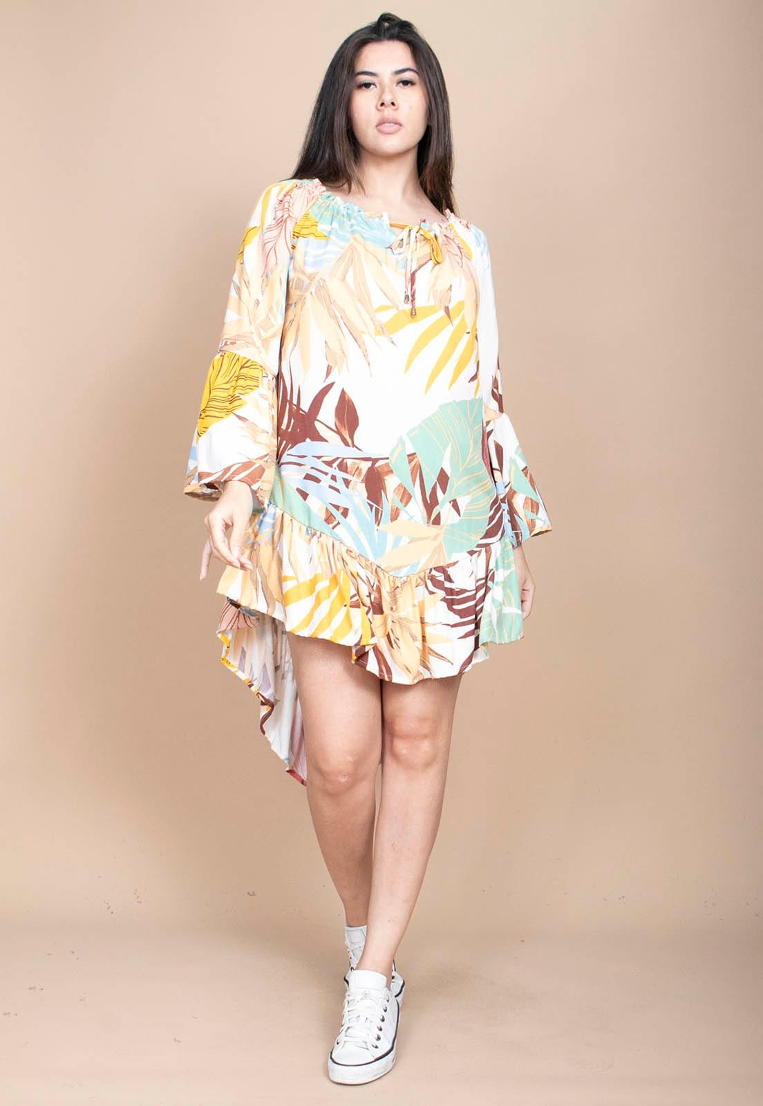 Vista principal Vestido Curto Cabanafree Viscose Com Babados Estampa Aurora Suave Cabanafree amarelo/azul/estampado/verde