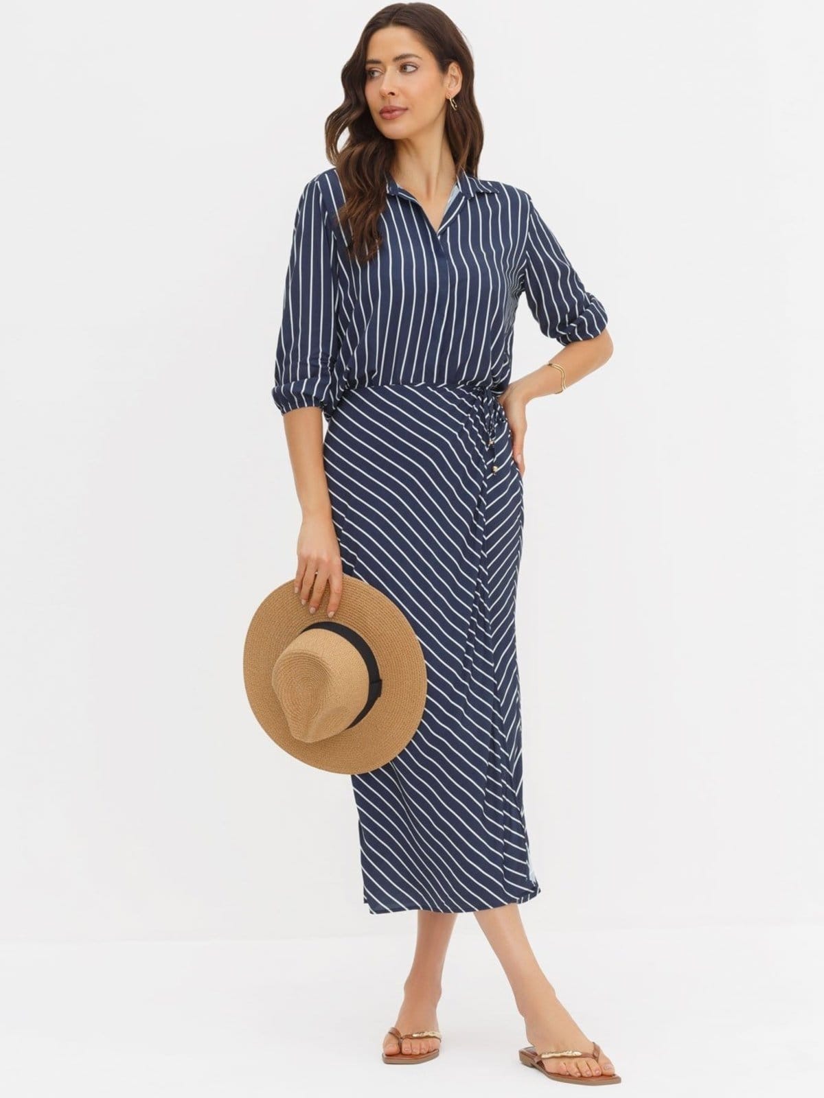 Vista principal Saia Pareô Longuete em Viscose Listrada Marinho Penelope Principessa azul marinho