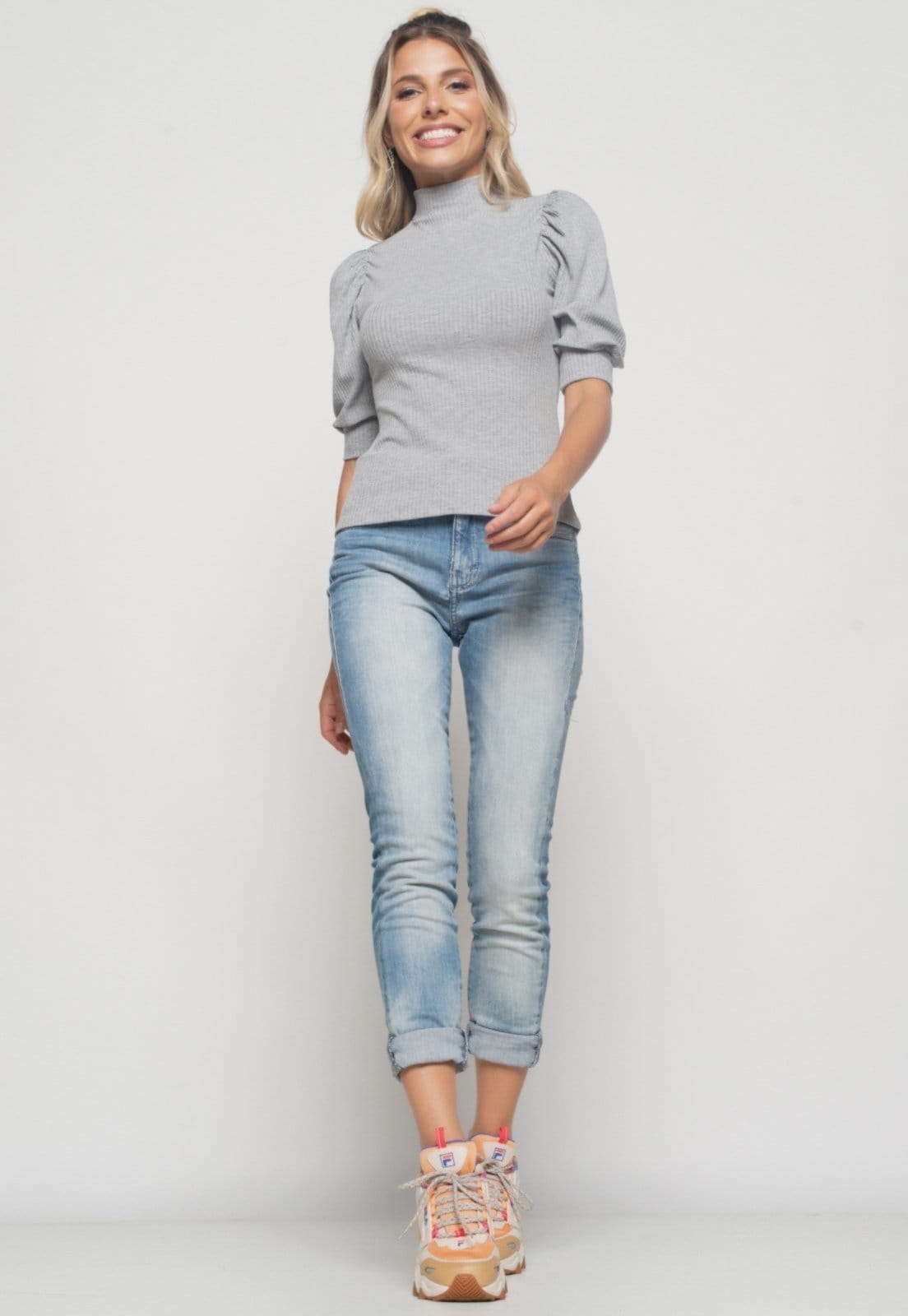 Vista 2 Blusa Salvatore Princesa Manga Curta Canelada Mescla Salvatore Fashion cinza