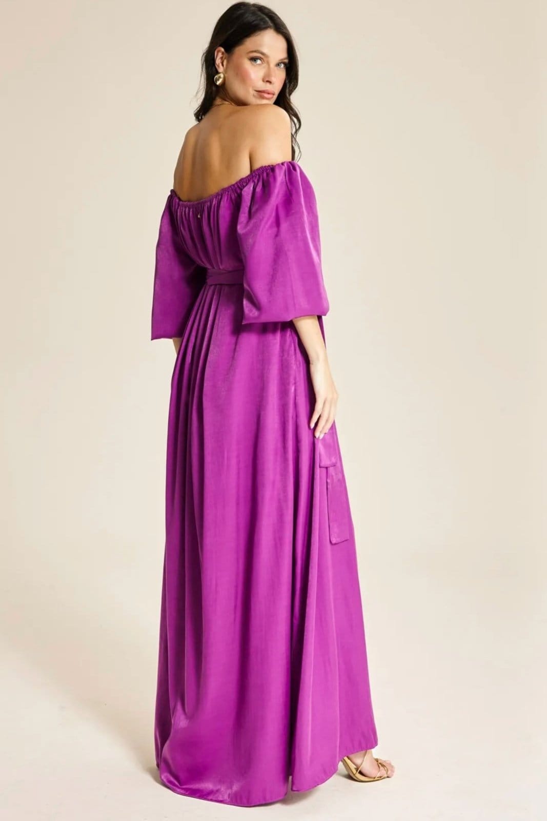 Vista 2 Vestido Longo Ombro a Ombro Manga Gloss Ruth - Magenta VIC BRAND pink magenta