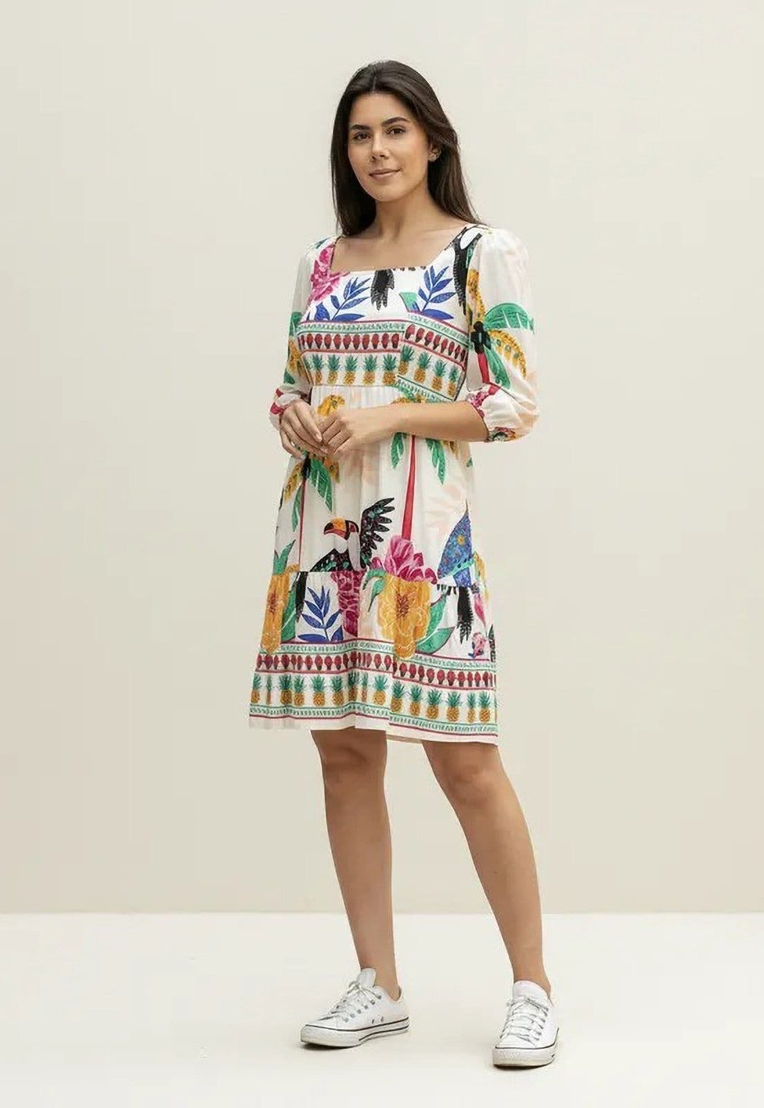 Vestido CabanaFree Curto Manga 3/4 Estampa Festa da Mata