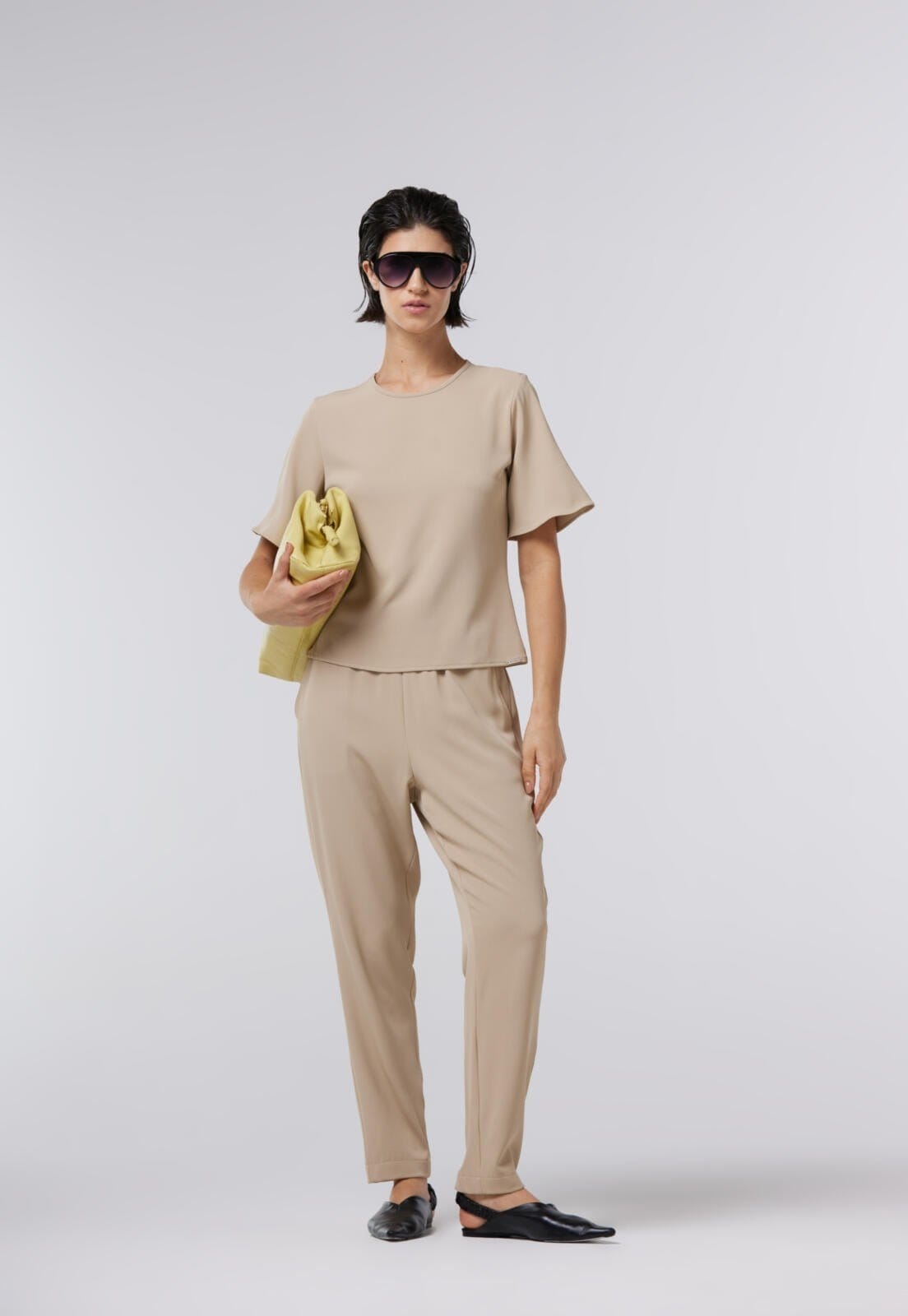 Vista principal Calça Comfy Traymon Cintura Alta Kaki Claro Traymon bege kaki