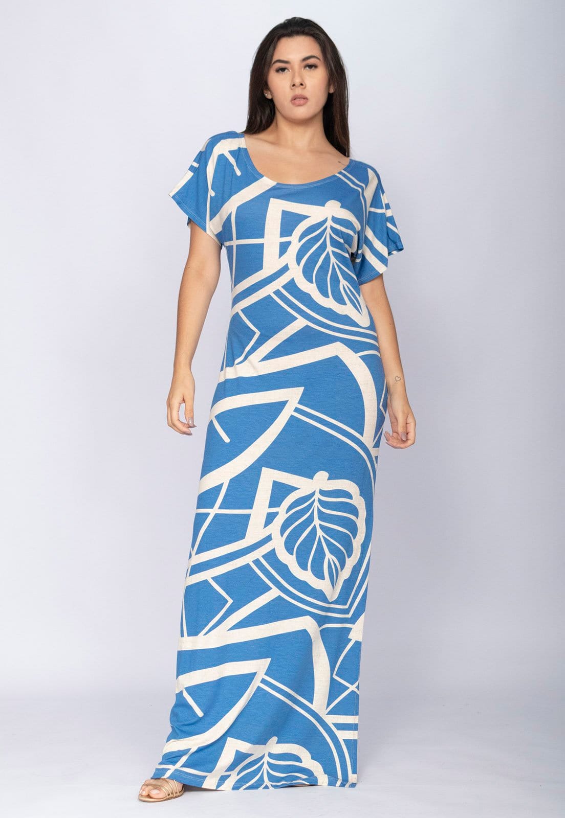 Vestido CabanaFree Longo Malha Fenda na Lateral Estampa Lagoa Botânica