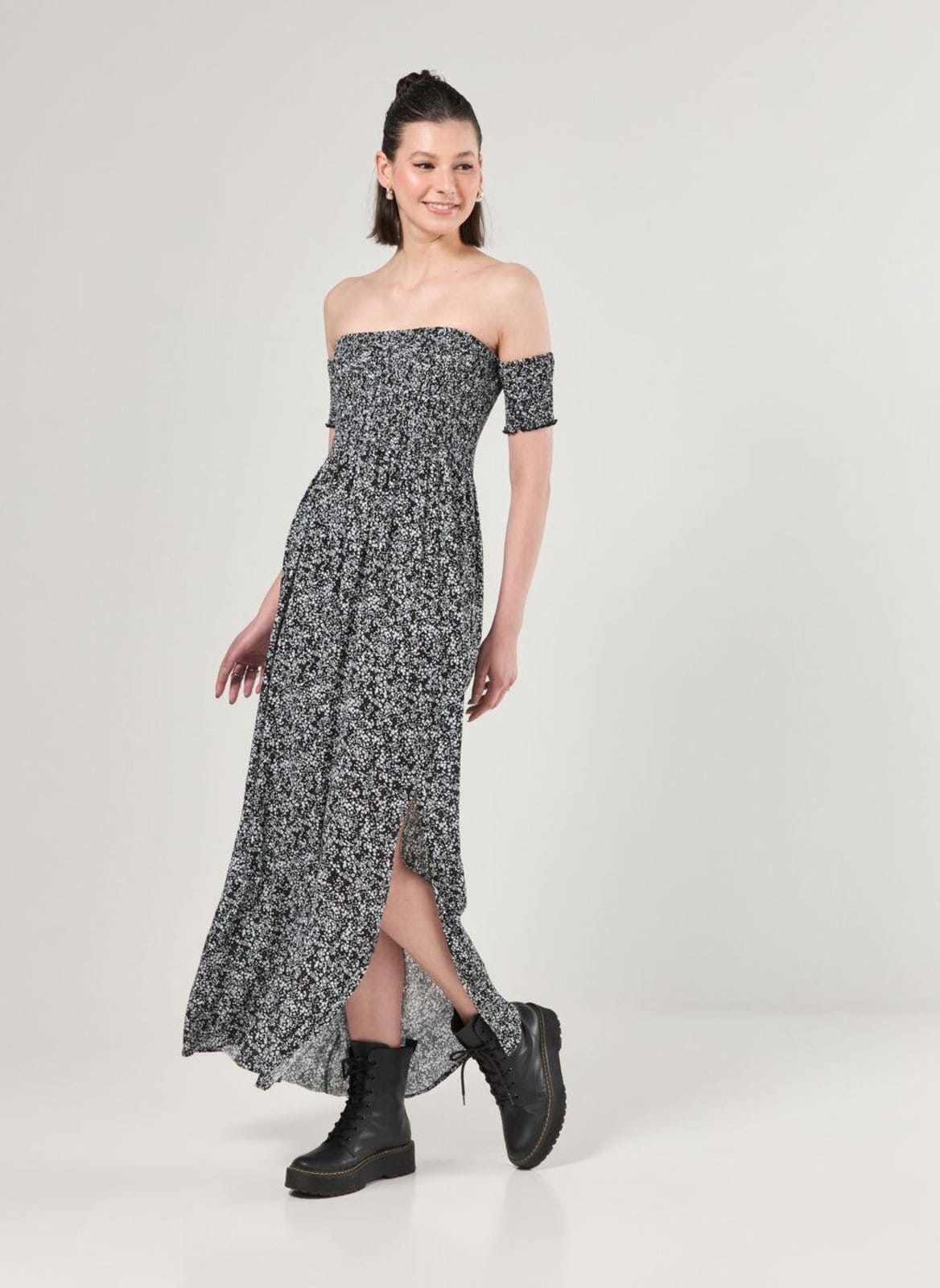 Vestido Midi Lastex Preto Florido