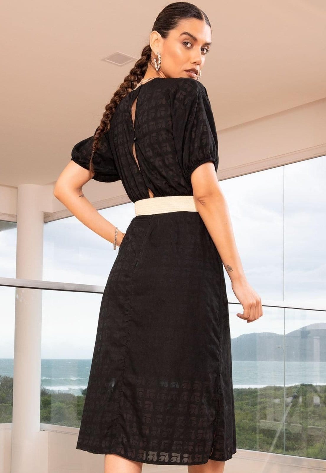 Vista 2 Vestido Em Voil Devorê Quintess preto