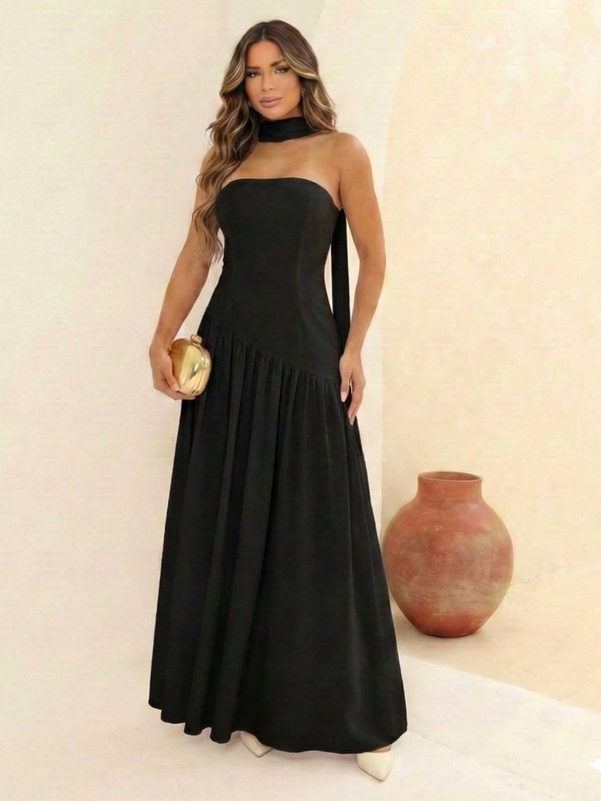 Vestido Maxi Feminino Elegante Tomara Que Caia Com Echarpe No Pescoço E Saia Fluida Cintura Assimentrica