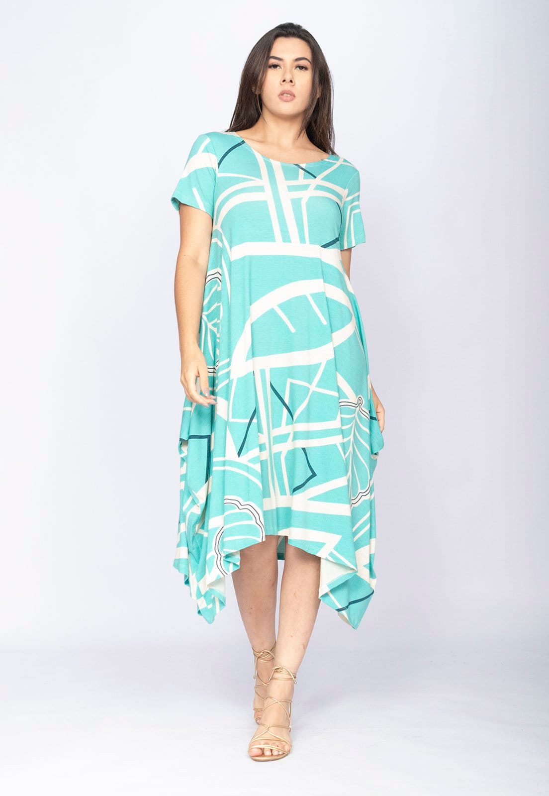 Vista principal Vestido CabanaFree Saruel Malha Manga Curta Estampa Aqua Flora Cabanafree azul/estampado aqua