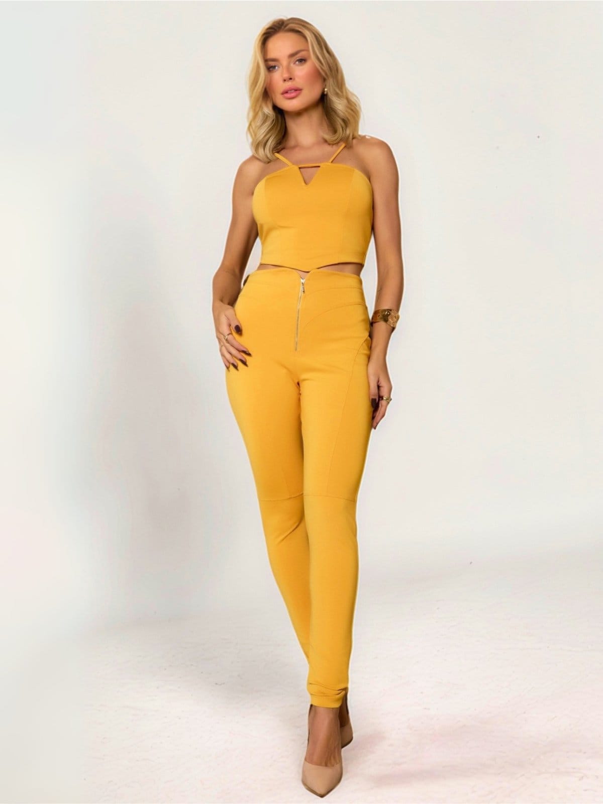 Vista principal Conjunto Feminino Tropical Fashion Blusa Cropped Calça Montaria TROPICAL FASHION amarelo