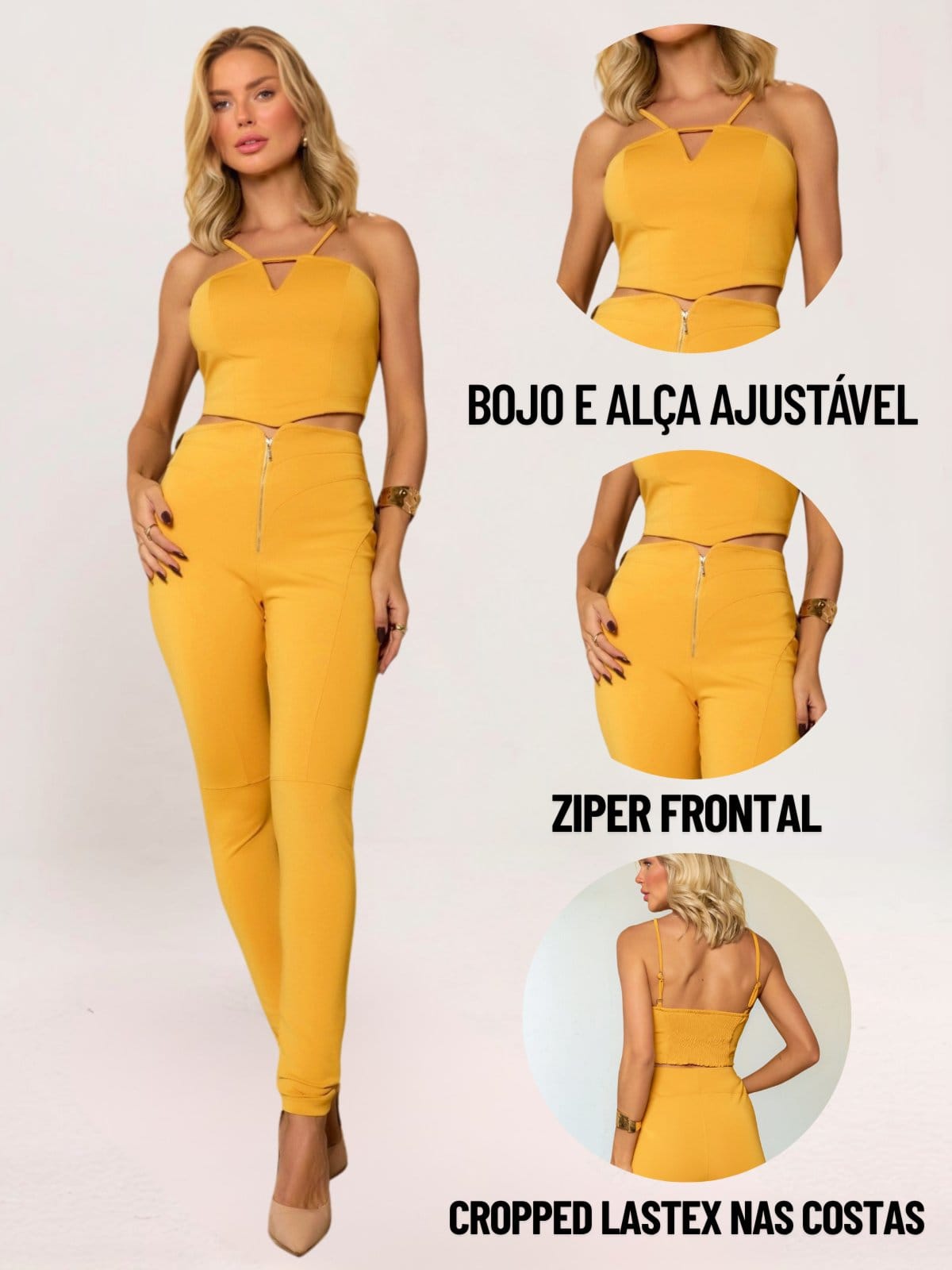 Vista 2 Conjunto Feminino Tropical Fashion Blusa Cropped Calça Montaria TROPICAL FASHION amarelo