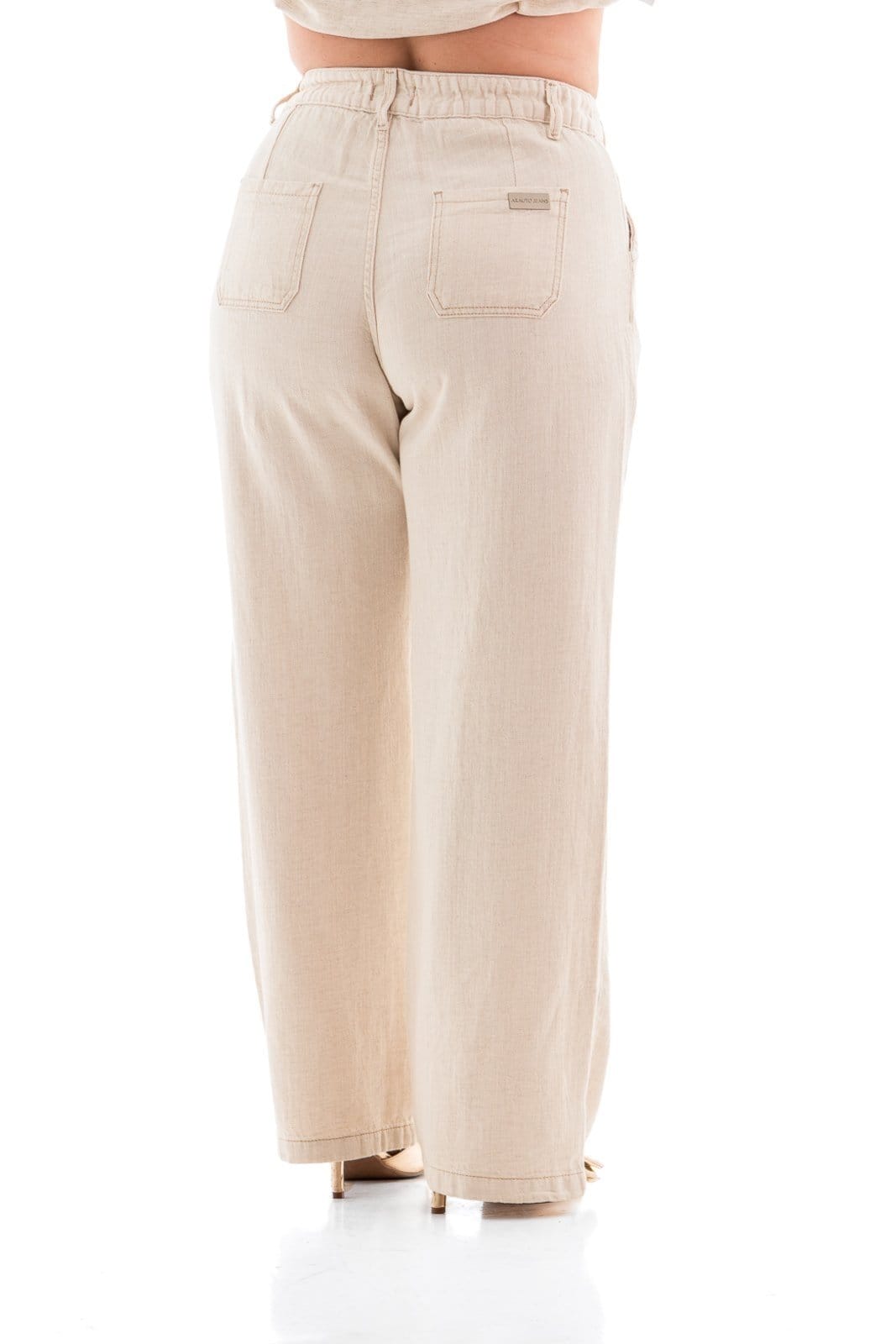 Vista 2 Calça Linho Feminina Arauto Wide Leg Maxskin Eco Fibers ARAUTO JEANS bege