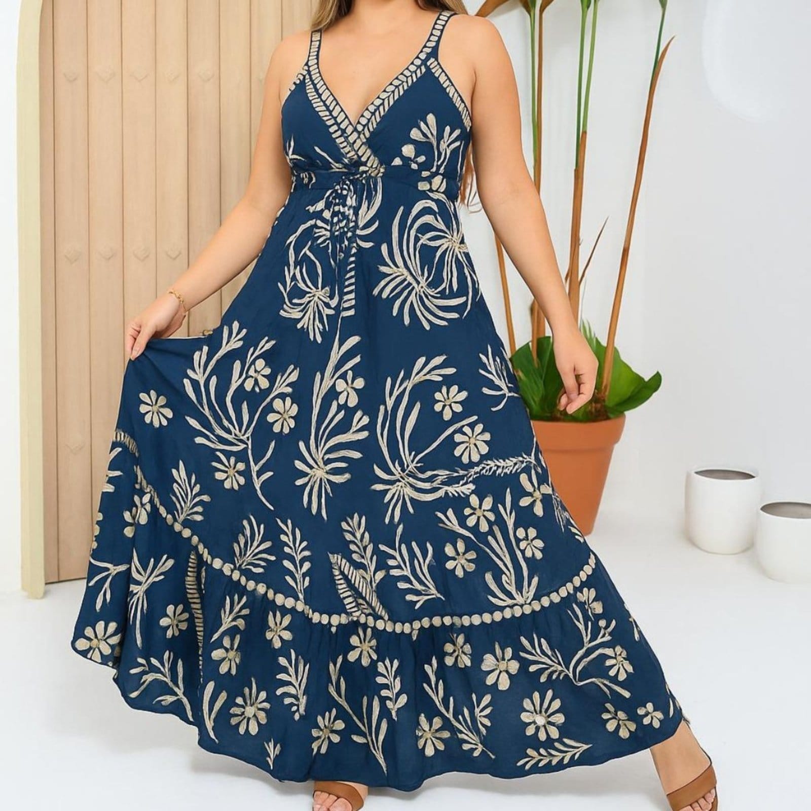 Vista principal Vestido Feminino FMF Indiano Longo Estampado Luxo FMF azul