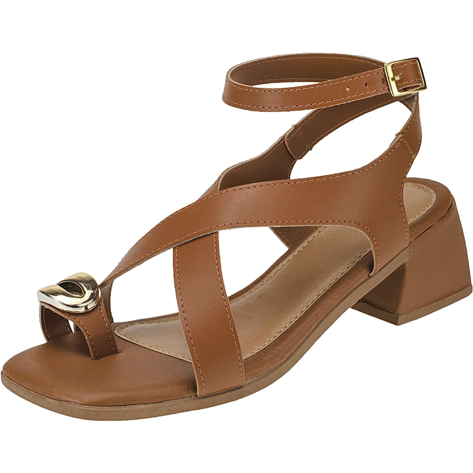 Sandália Feminina com Salto Quadrado Detalhe Dourado