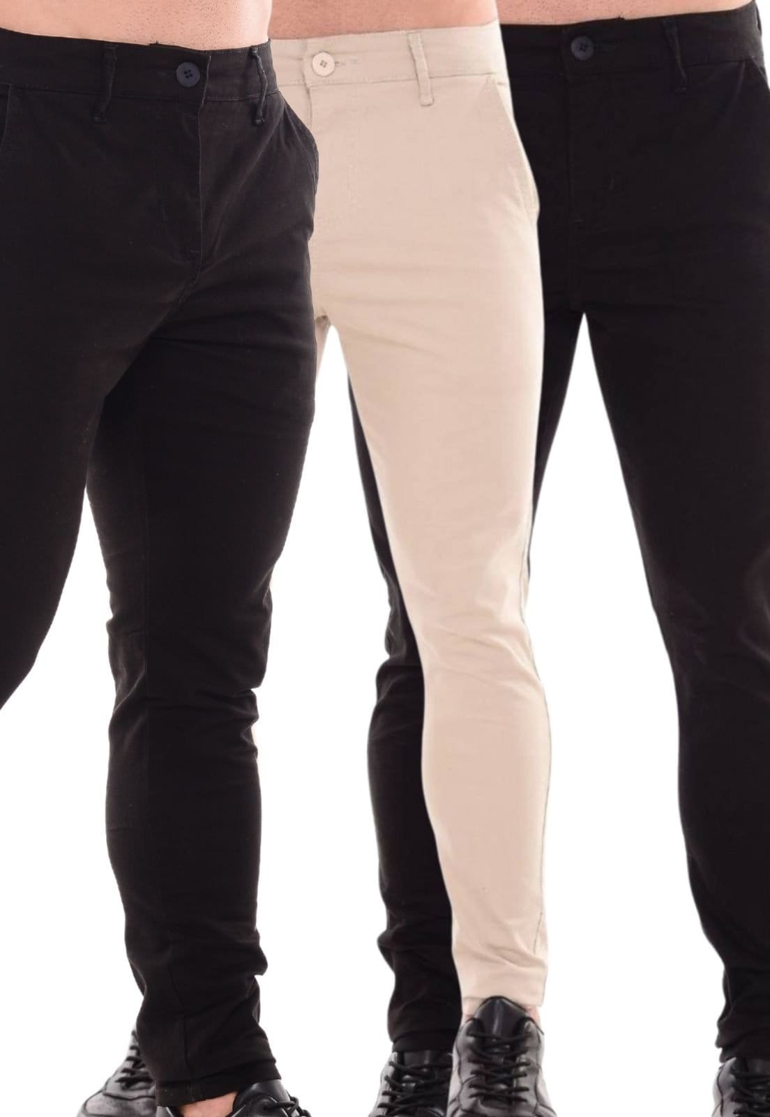 Kit 3 Calças Sarja Masculina Mys Jeans Confortável Estilosa Preto Bege Claro