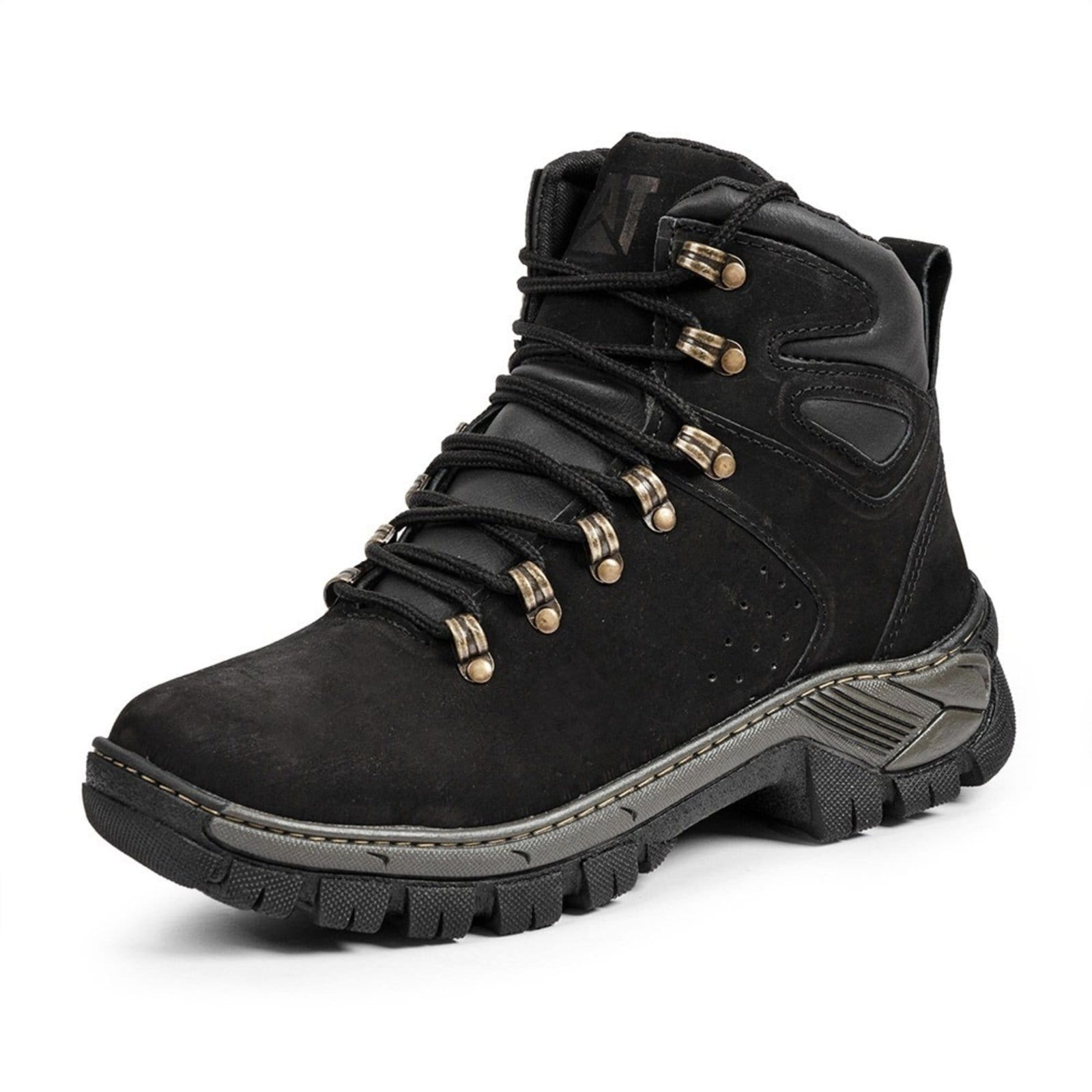Coturno Adventure Bota Couro Masculina Cano Médio Atacador Solado Tratorado Borracha Puxador Resistente Confortável