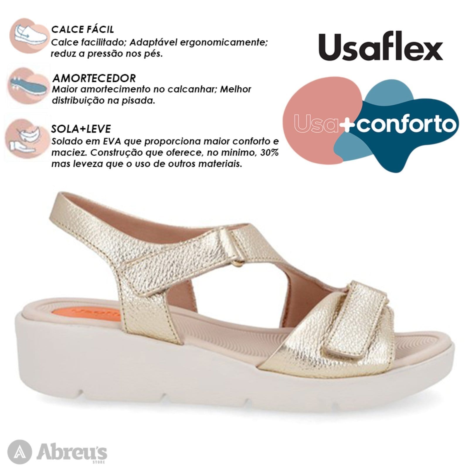 Vista 2 Sandália Anabela Calce Facil C/ Amortecedor AL4303 Usaflex Ouro Light Usaflex preto