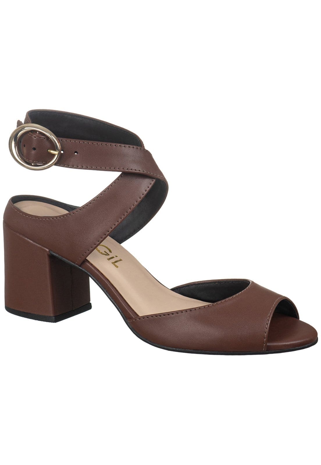 Sandália Feminina GiGiL Salto Bloco Médio Tira Cruzada Fivela Lateral Bico Arredondado Elegante Casual Terra